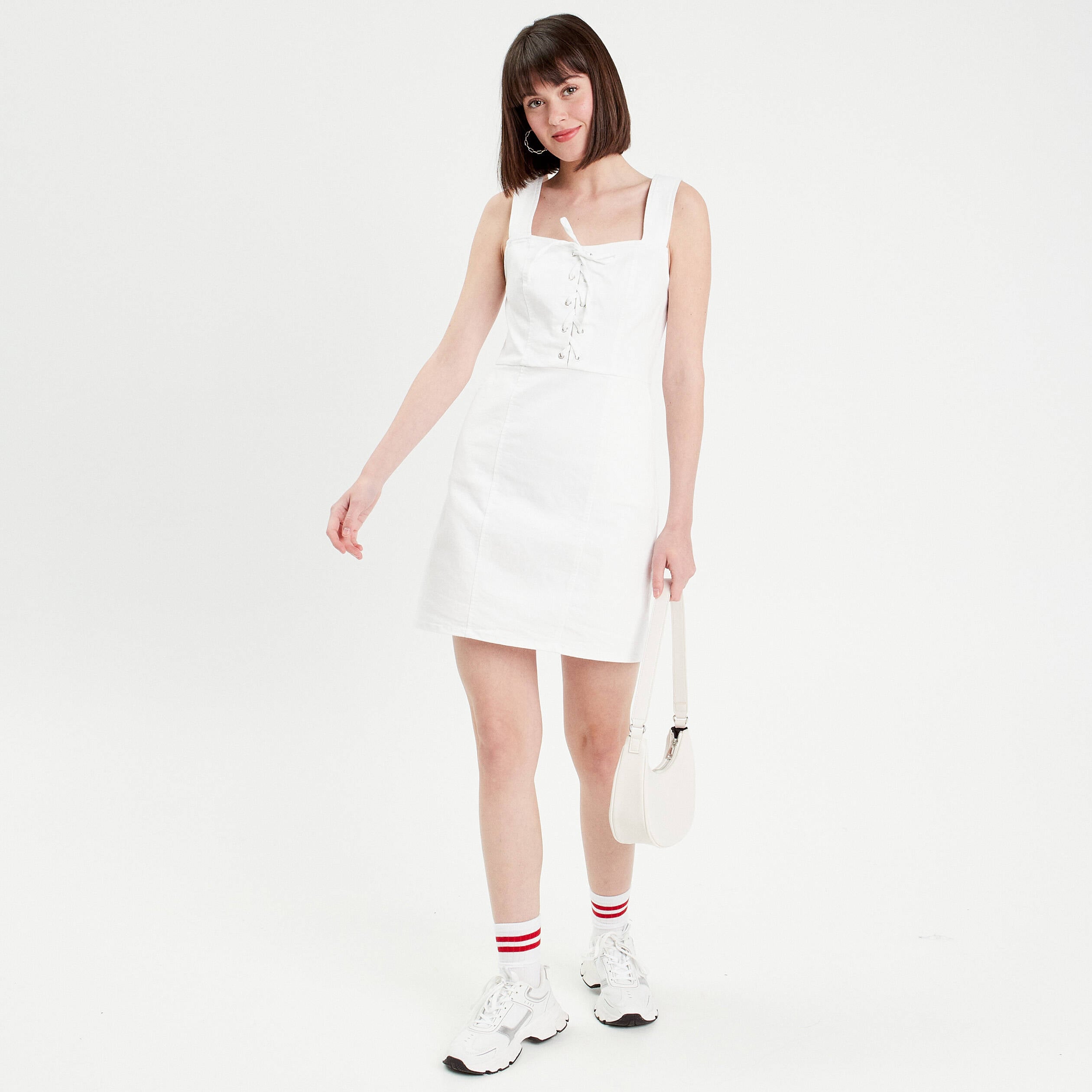Robe ajust&eacute;e col la&ccedil;age jean ecru femme