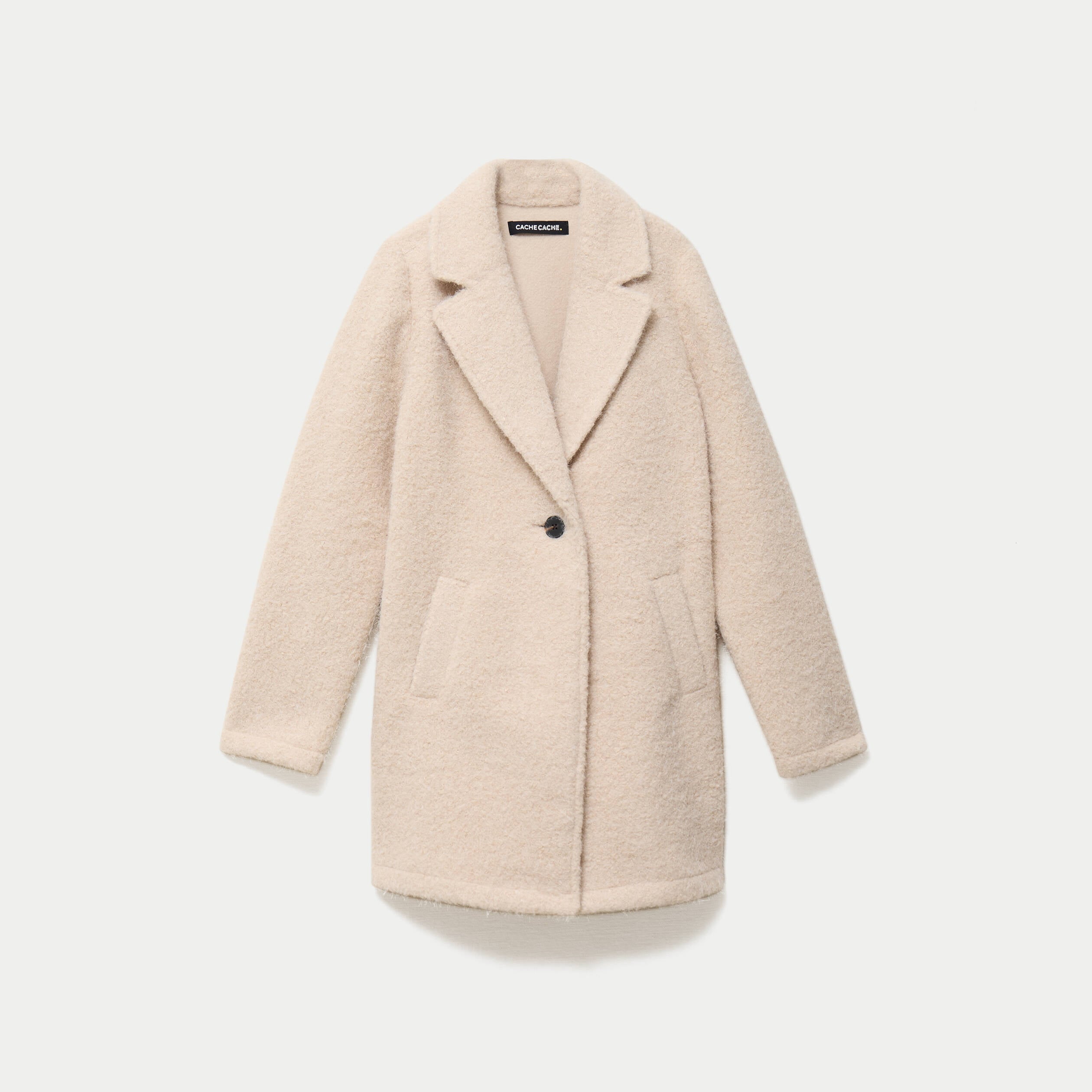 Manteau droit mi-long bouclettes beige femme
