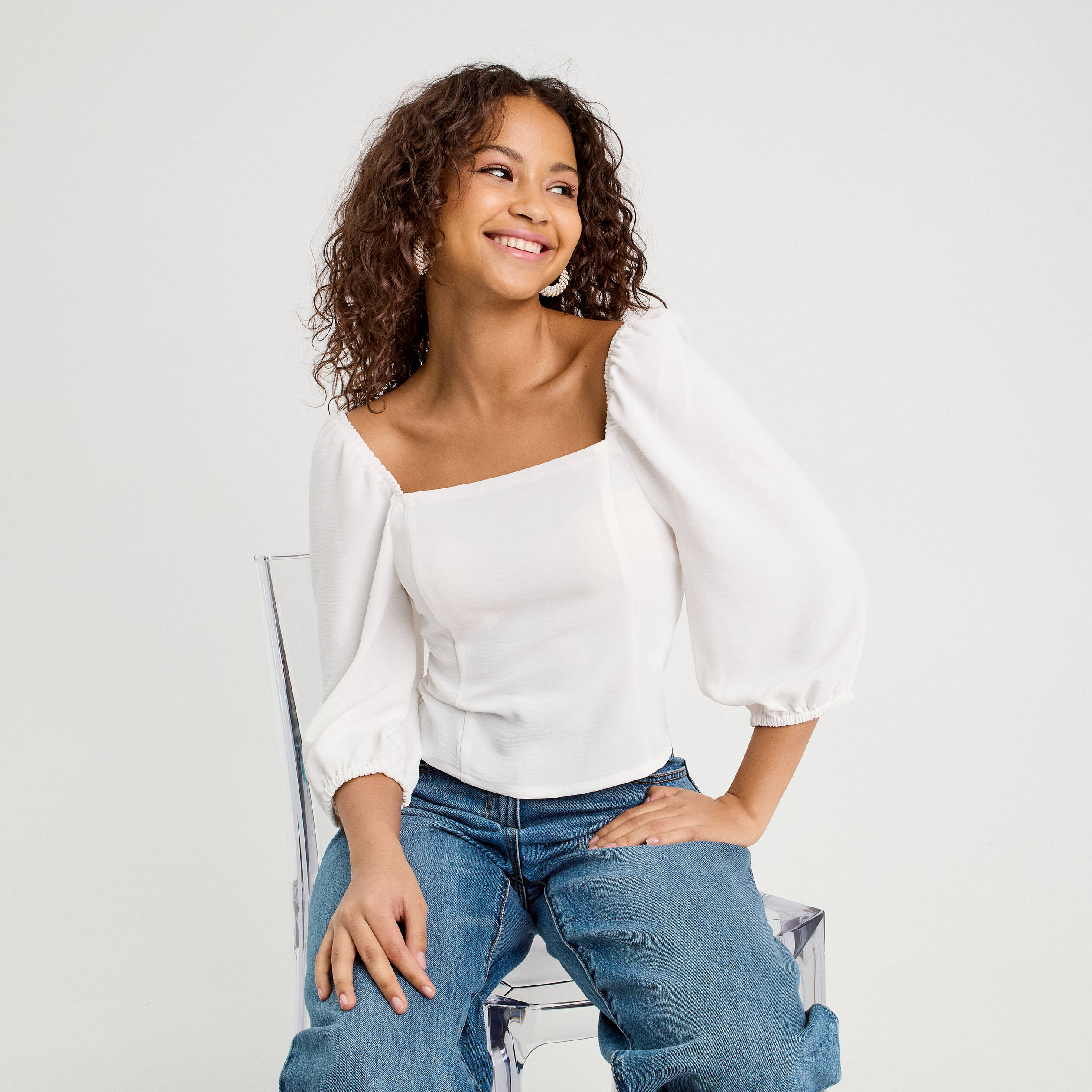 Blouse encolure carr&eacute;e ecru femme