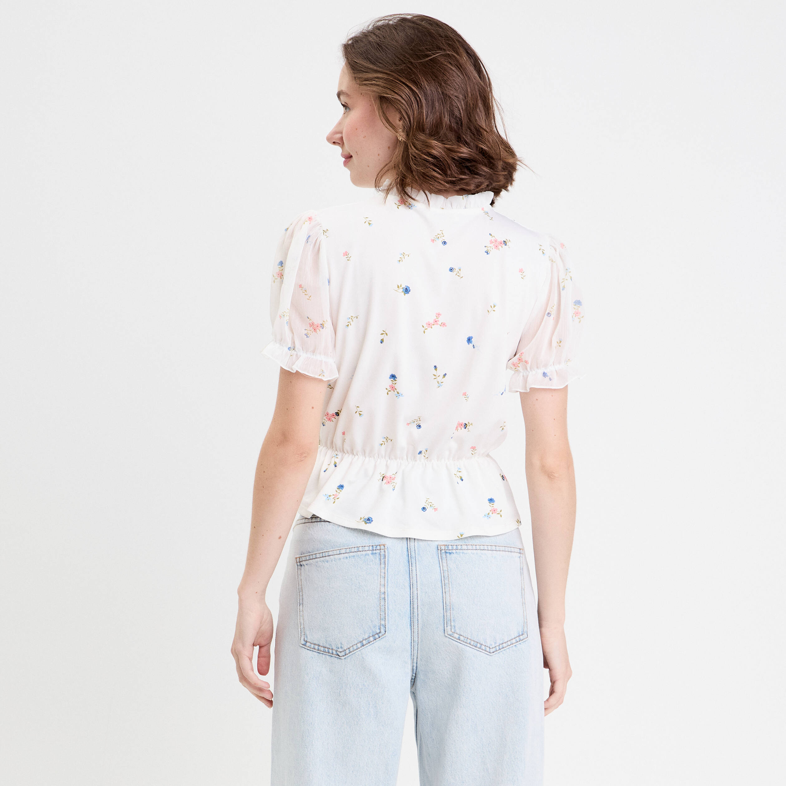 Blouse col V manches courtes blanc femme