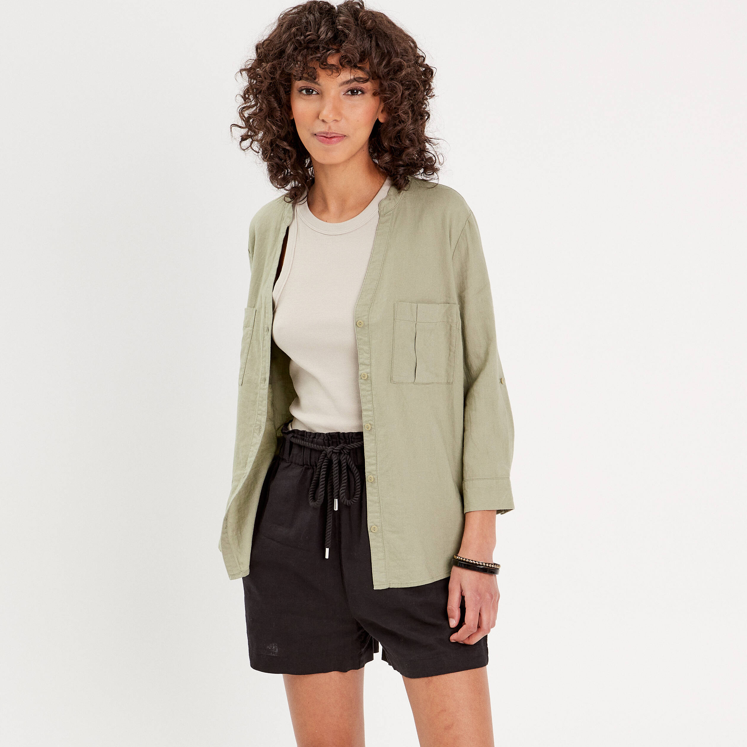 Chemise manches 3/4 contenant du lin vert kaki femme