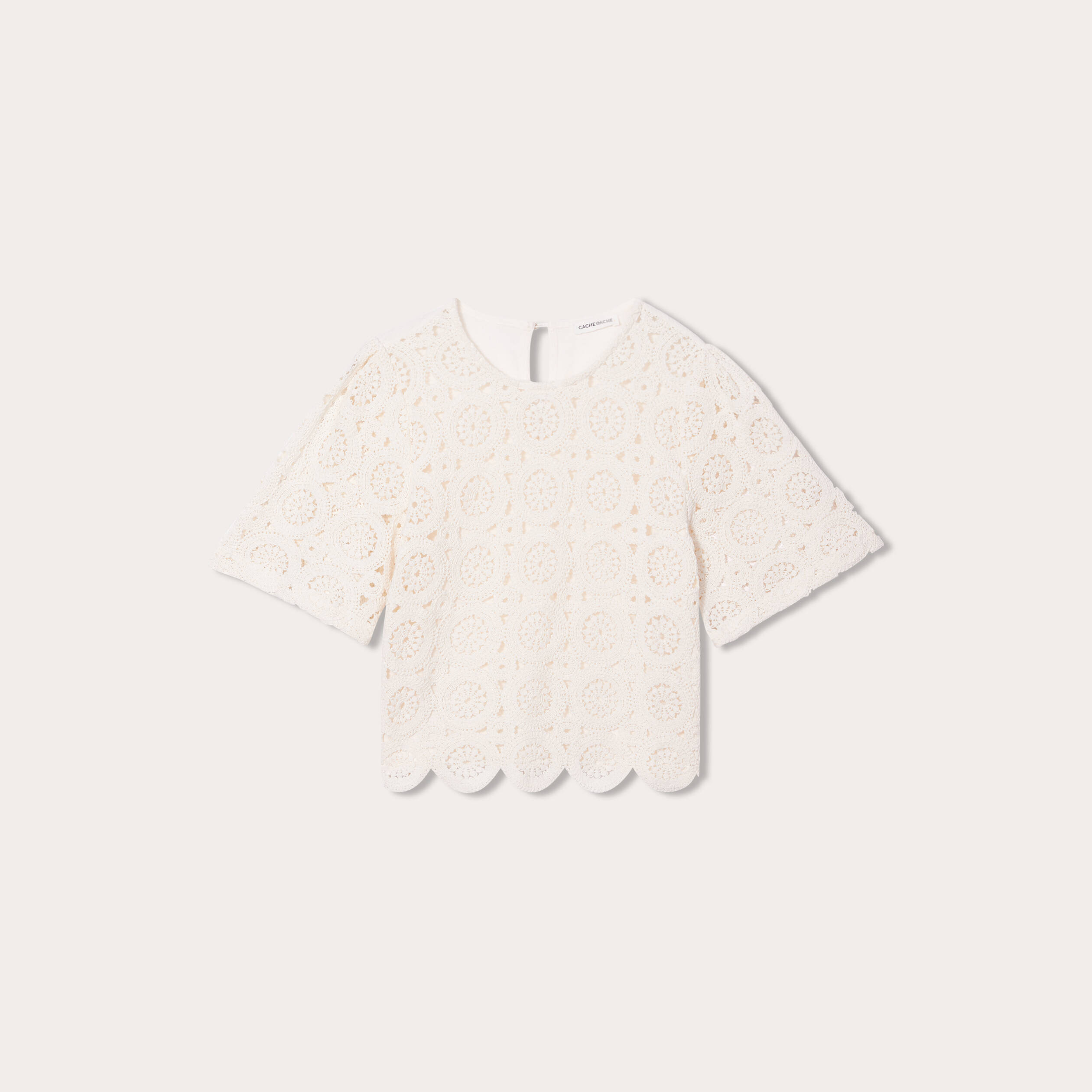 T-shirt macram&eacute; col rond ecru femme