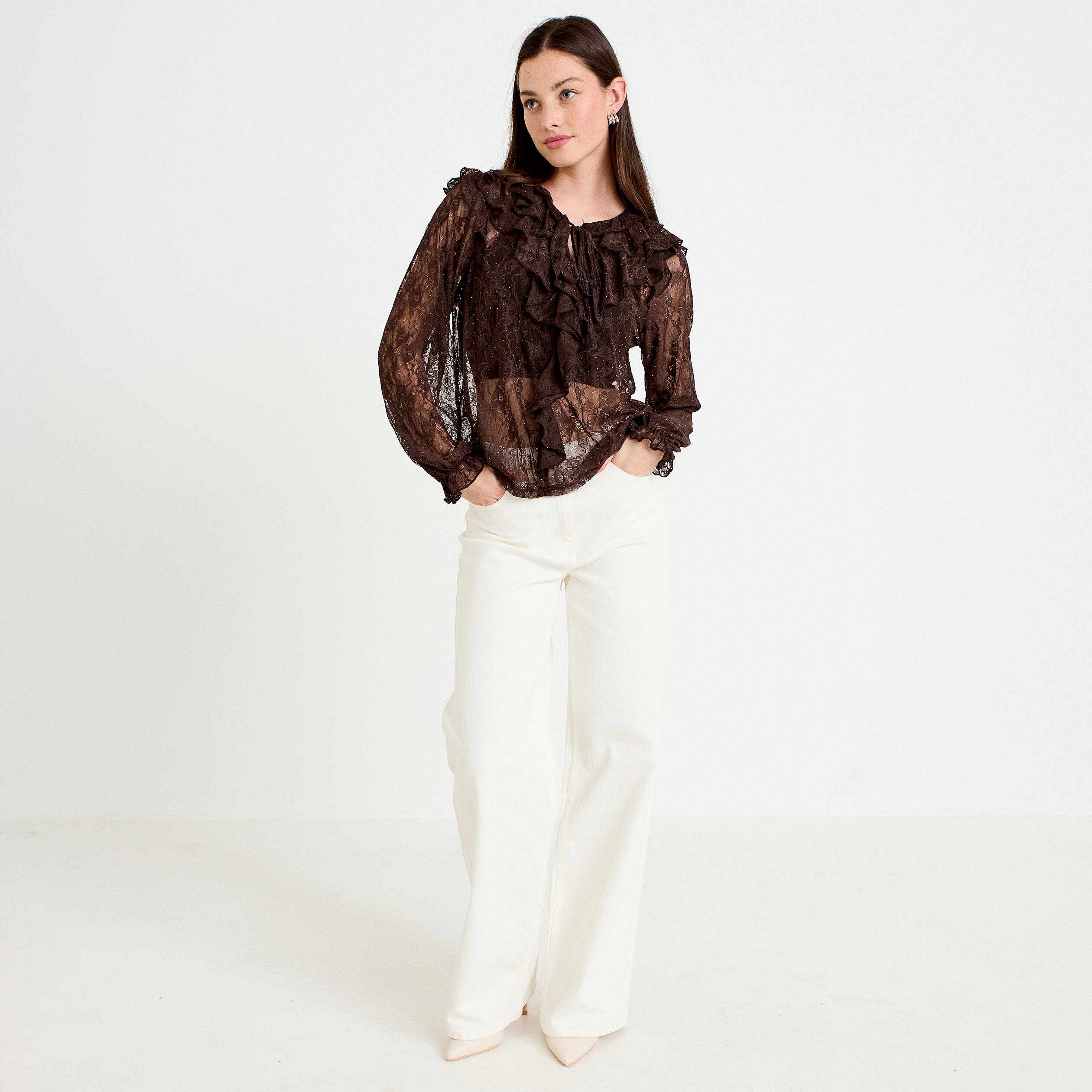 Blouse dentelle manches longues marron fonc&eacute; femme