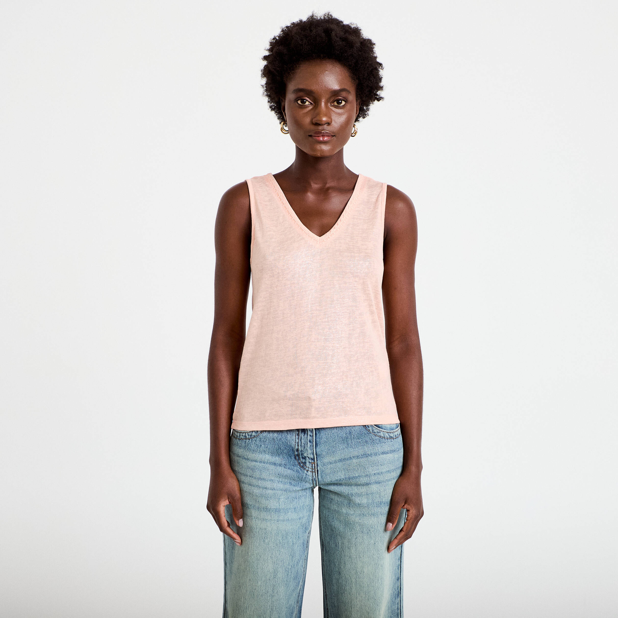 D&eacute;bardeur col v rose saumon femme