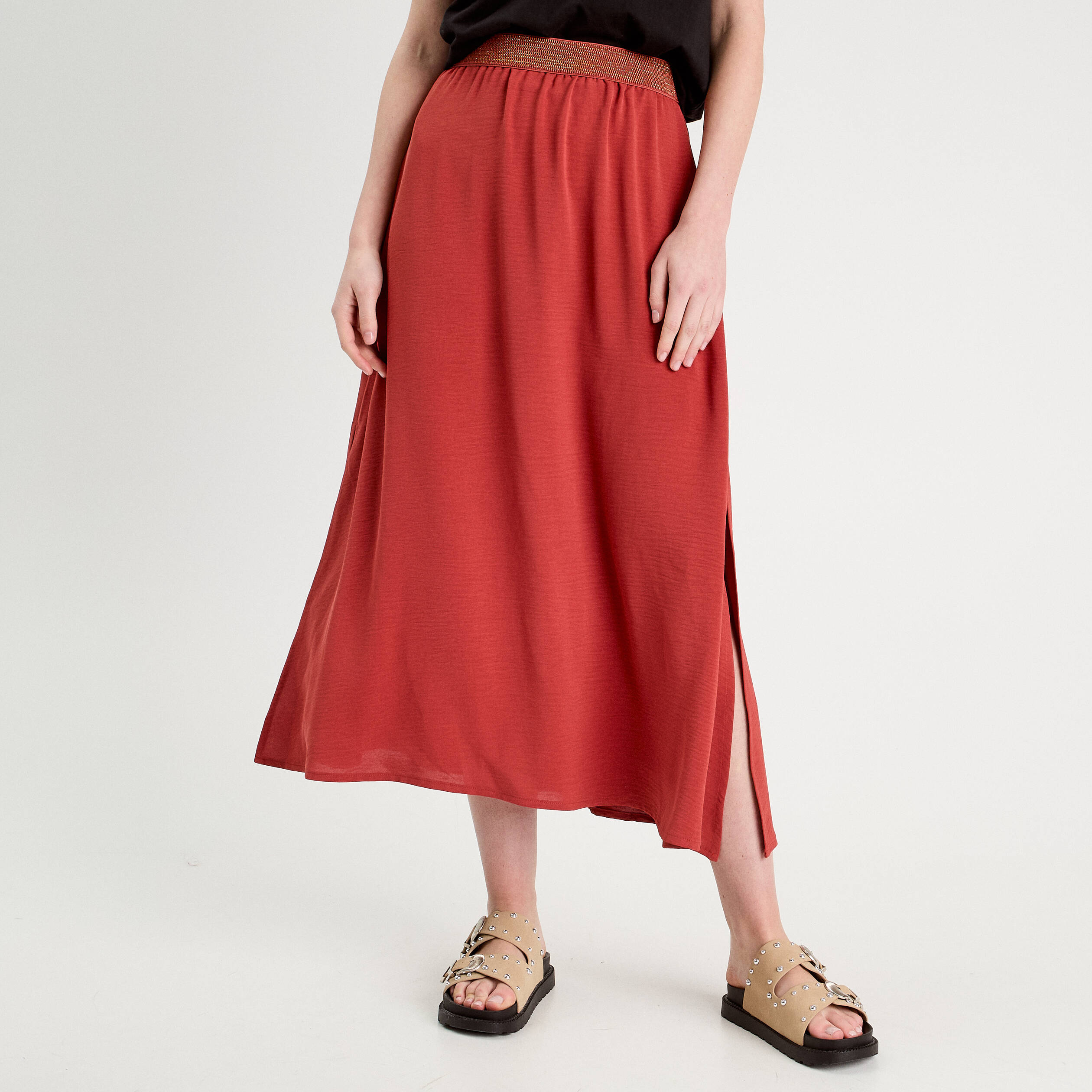 Jupe longue &eacute;vas&eacute;e fluide vieux rose femme