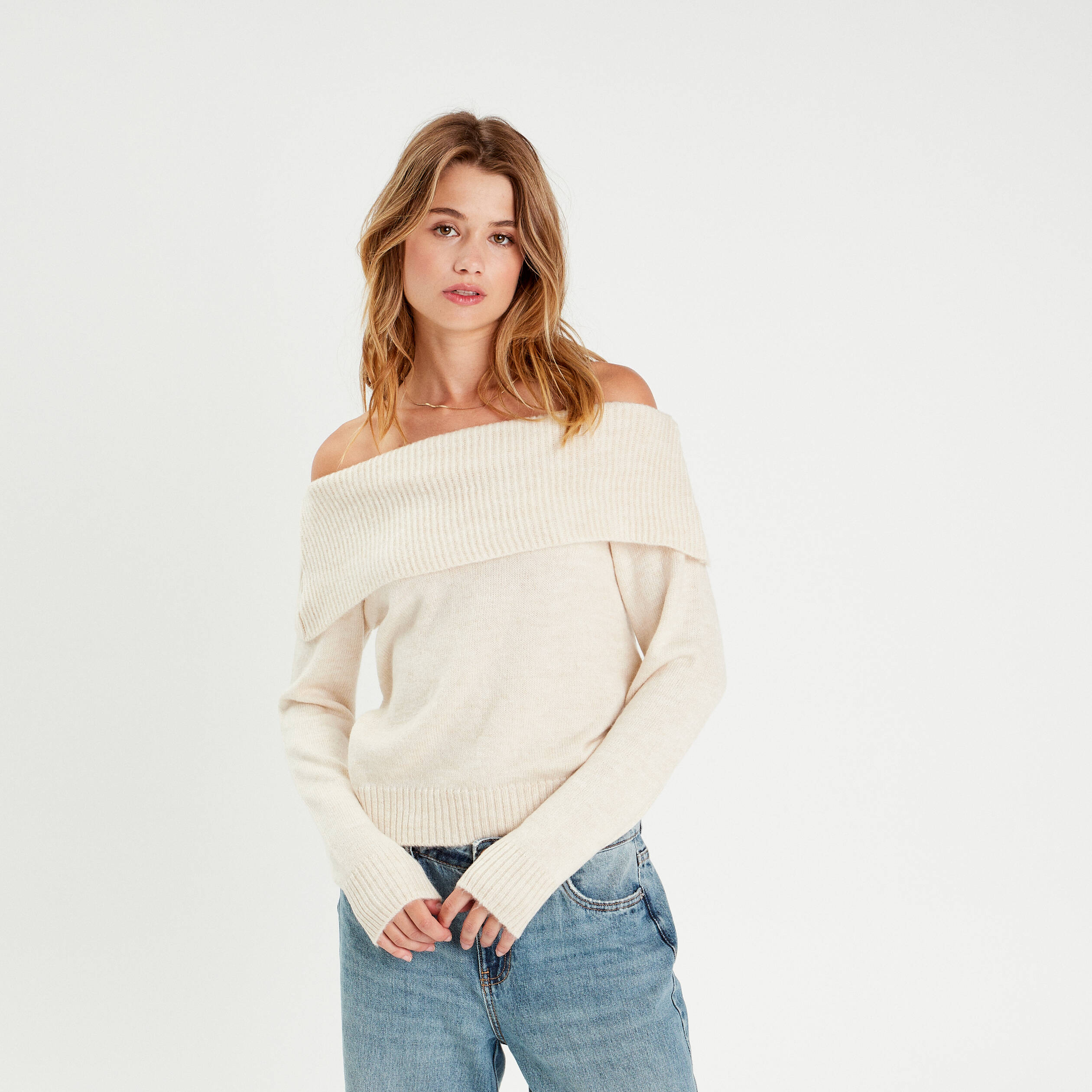Pull Femme Col Bardot Grain De Malice - Manches Longues, Matière Douce, épaule Dénudée, Décontracté Et Chic