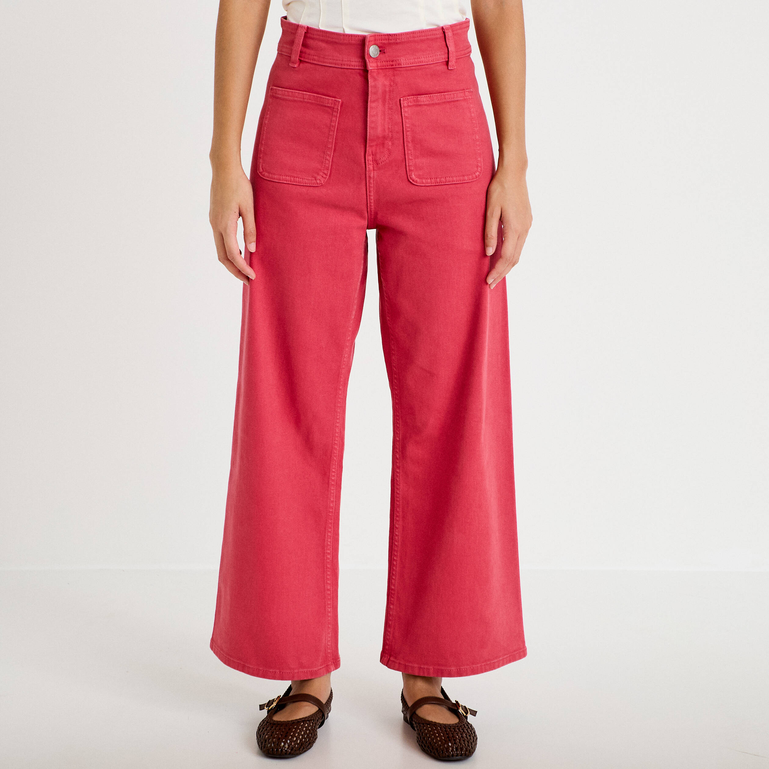 Jean wide leg cropped taille haute rose framboise femme