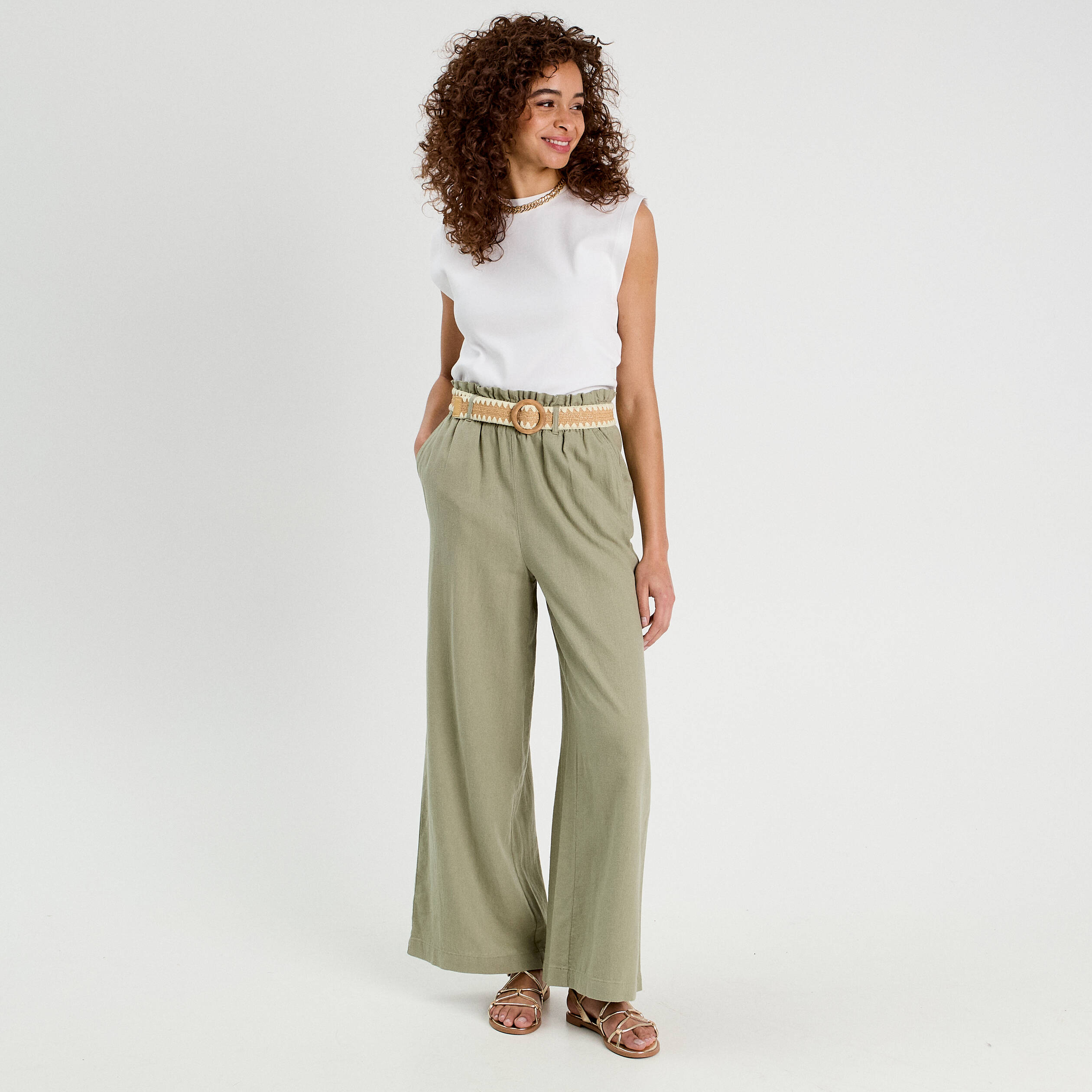 Pantalon large ceintur&eacute; contenant du lin vert kaki femme