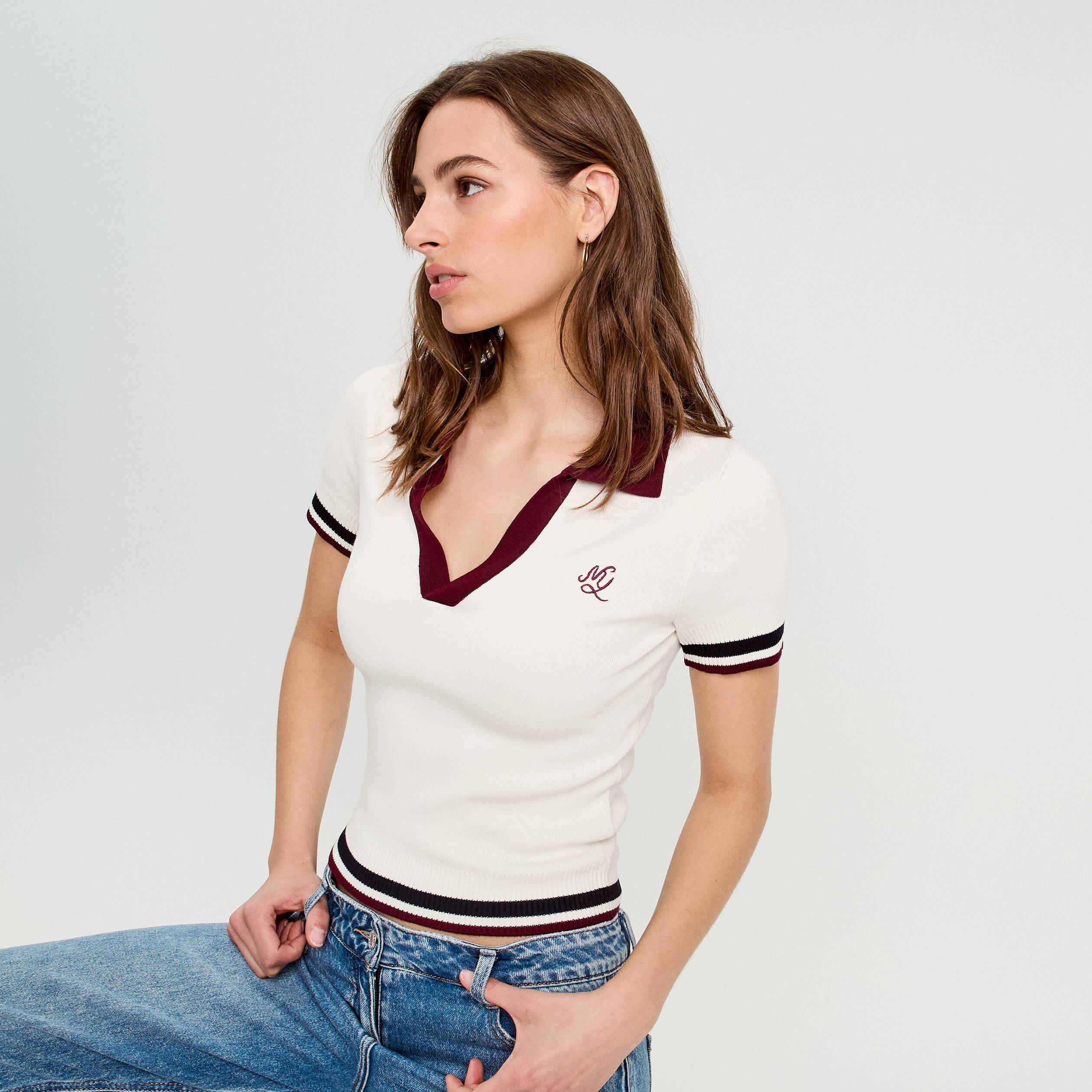 Pull manches courtes col polo ecru femme
