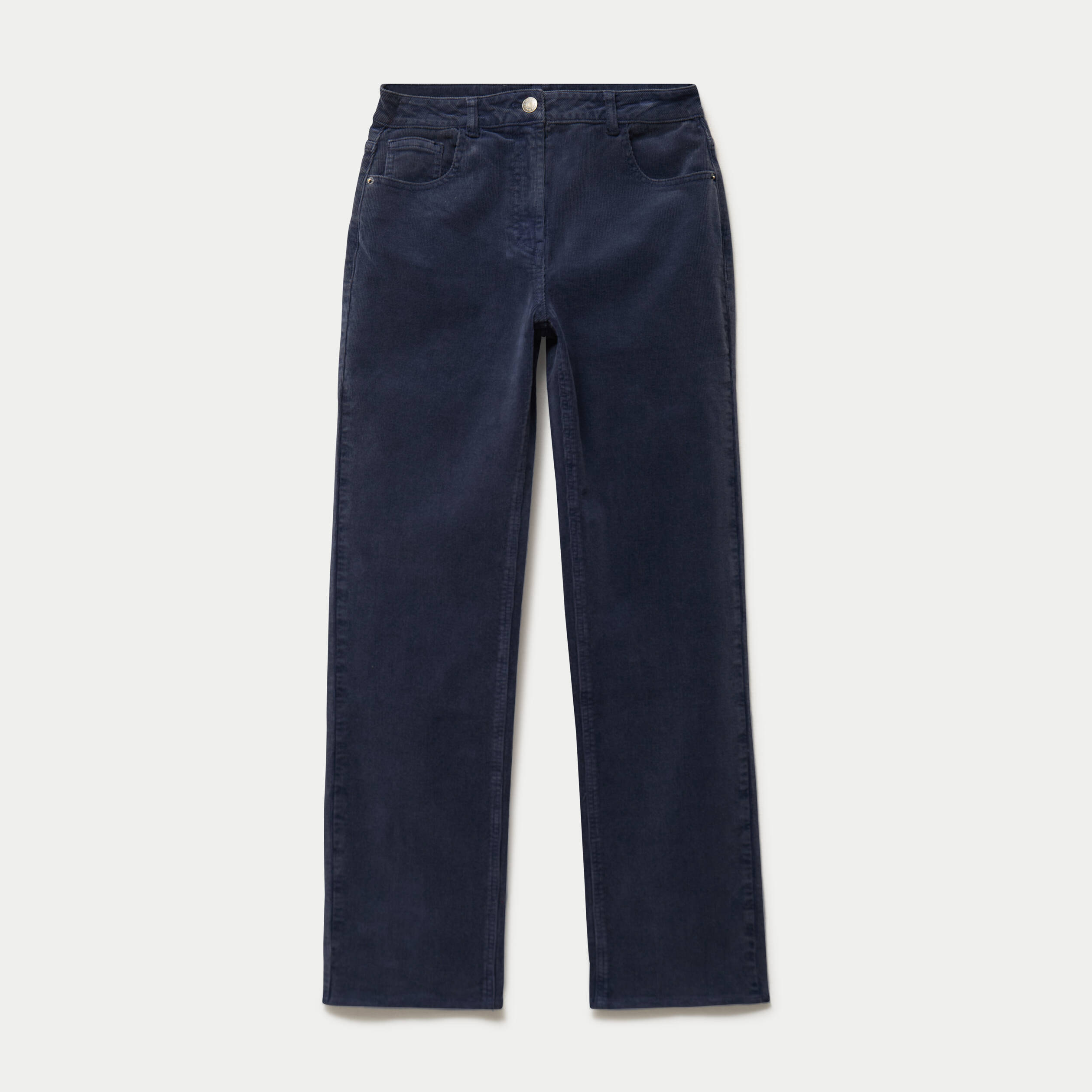 Pantalon droit en velours bleu marine femme