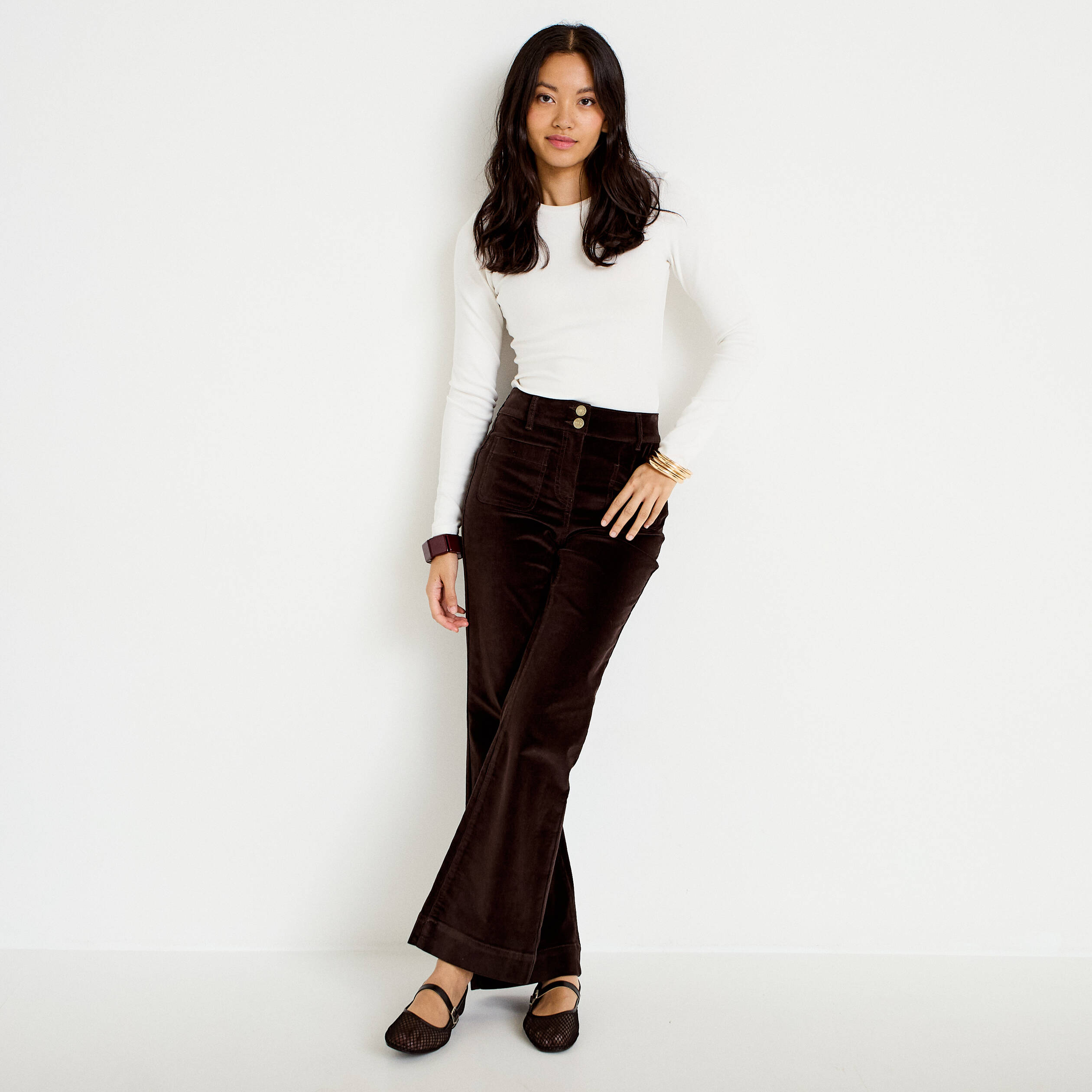 Pantalon bootcut taille haute velours marron fonc&eacute; femme