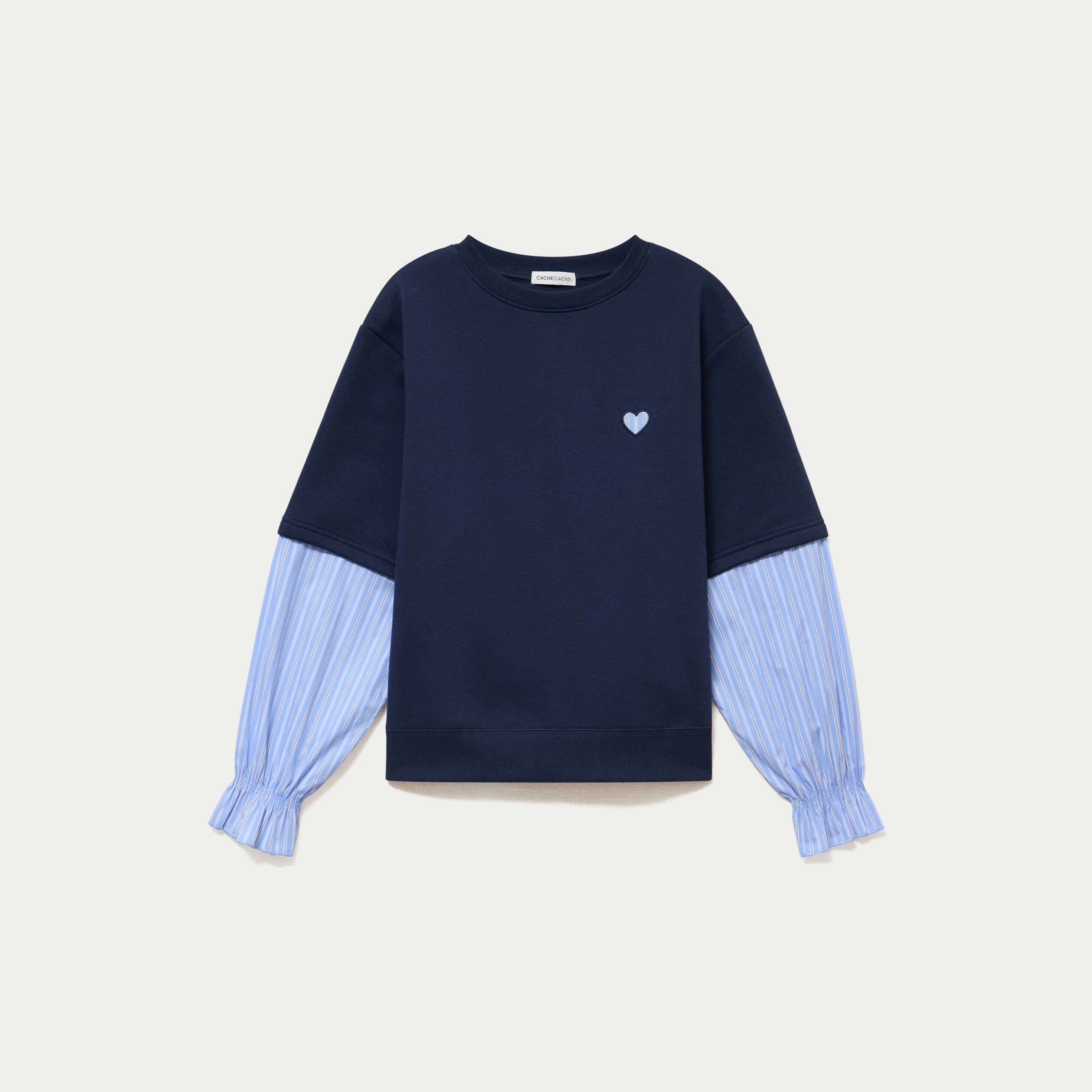 Sweat bi-mati&egrave;re manches longues bleu marine femme