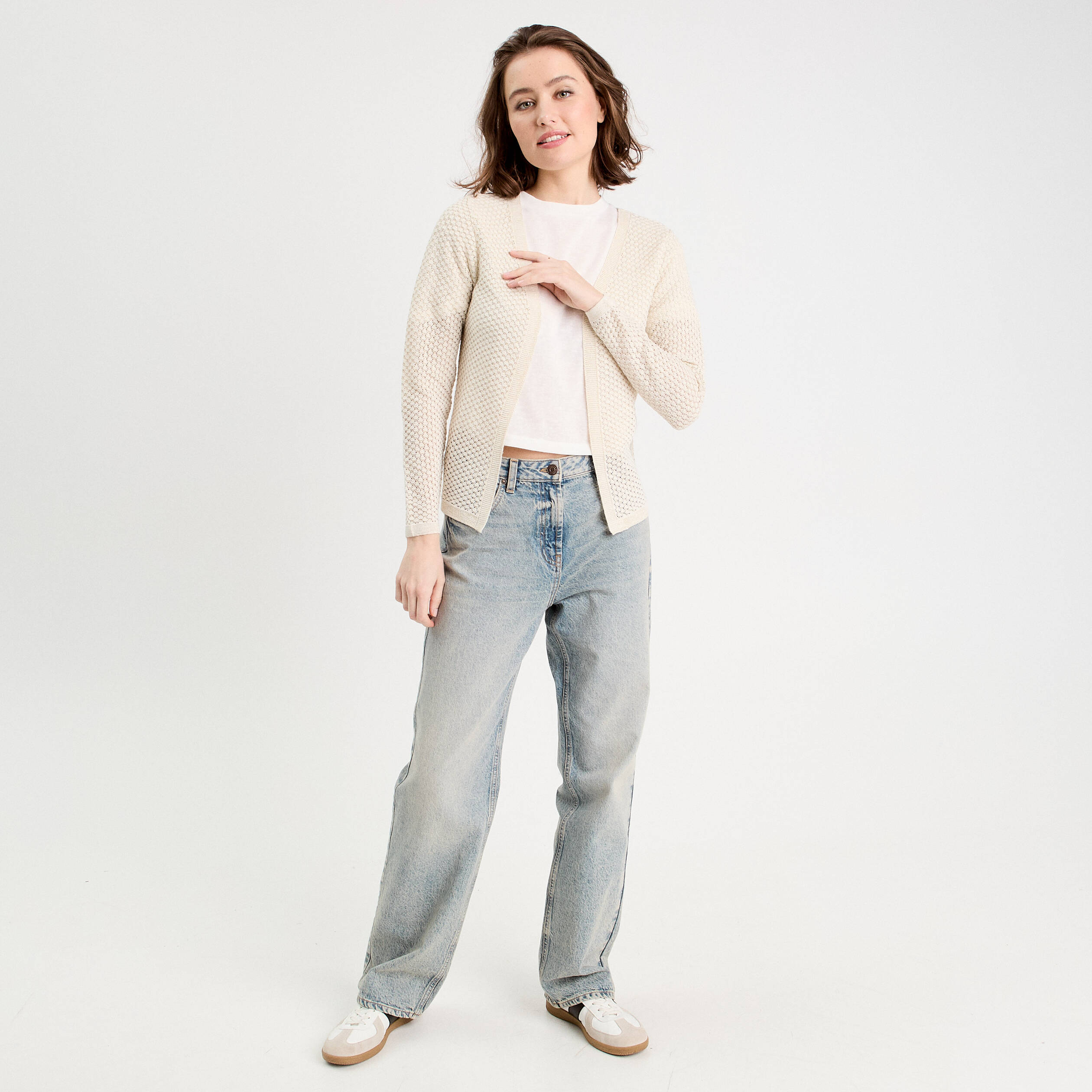 Gilet manches longues ajour&eacute; ecru femme