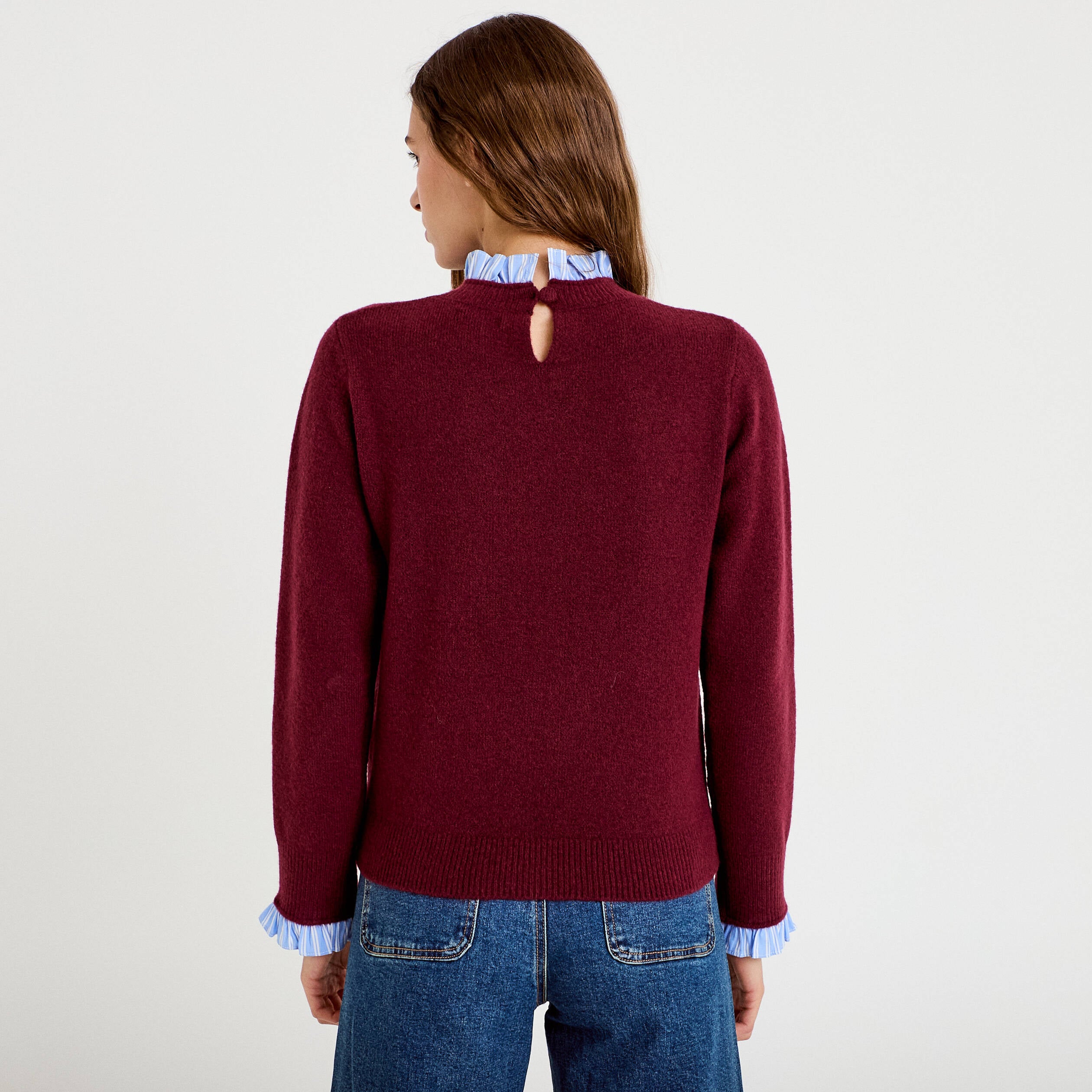 Pull col chemise manches longues bordeaux femme