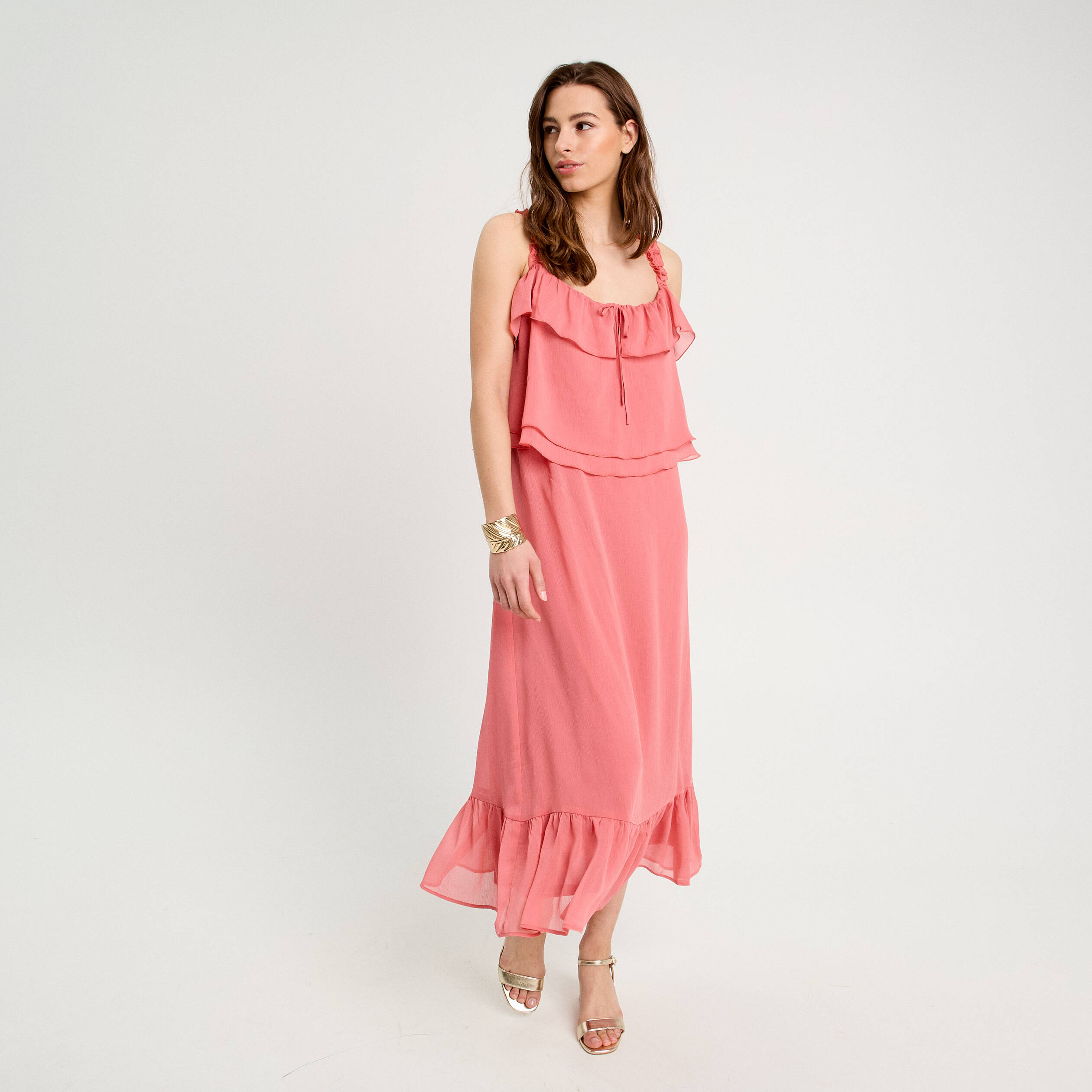 Robe longue droite volants rose pastel femme
