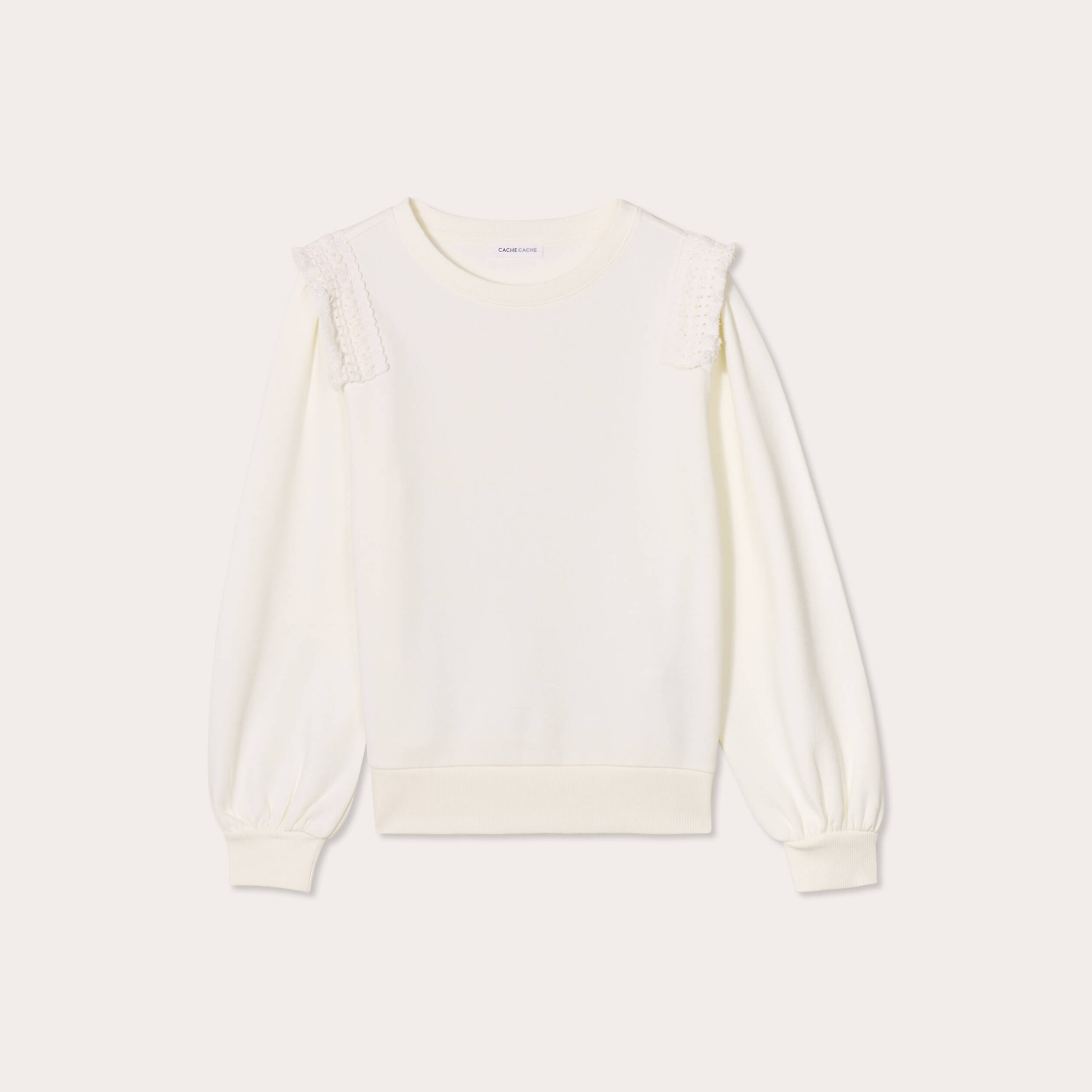 Sweat d&eacute;tails franges ecru femme