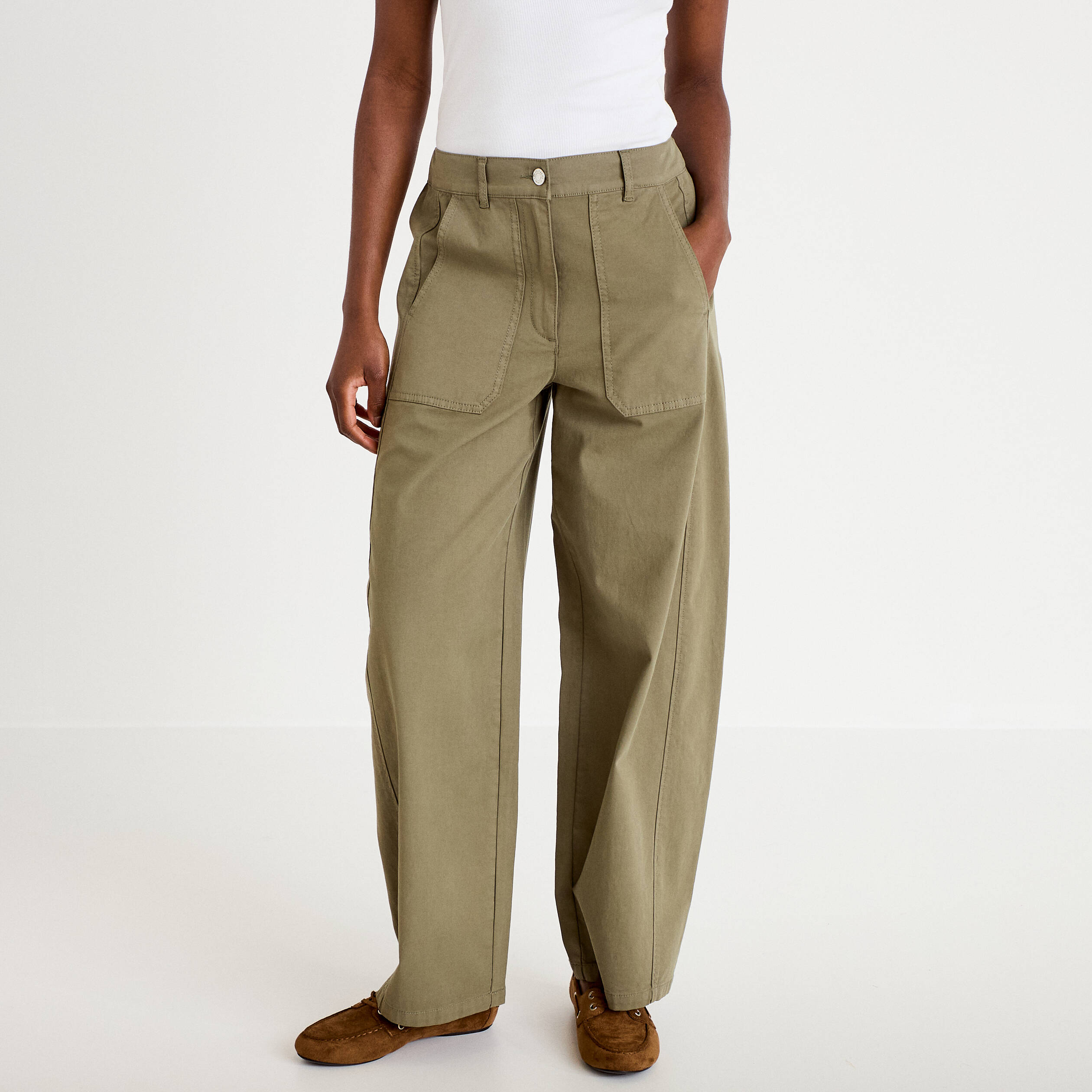Pantalon barrel taille haute vert kaki femme