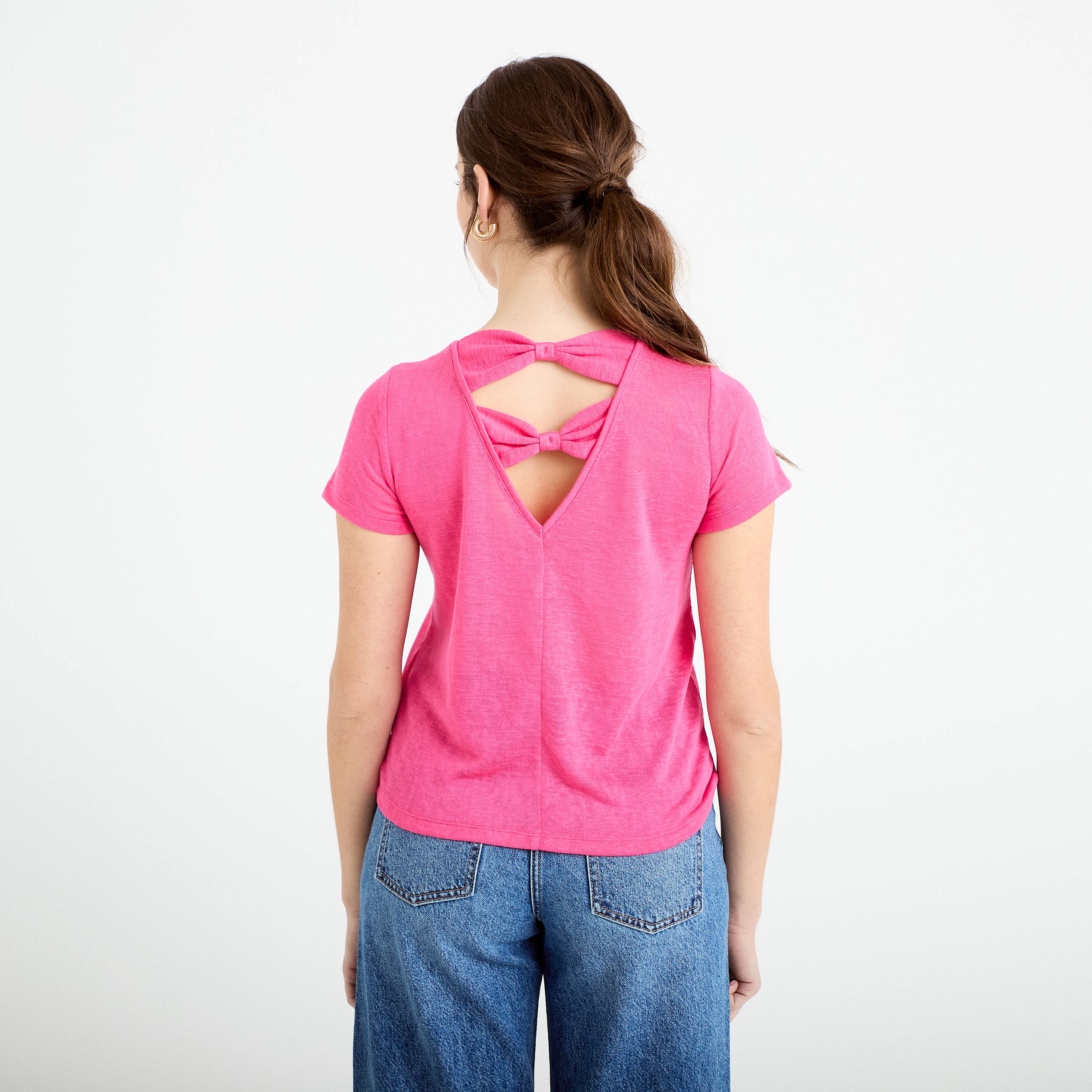 T-shirt noeuds dos rose fushia femme