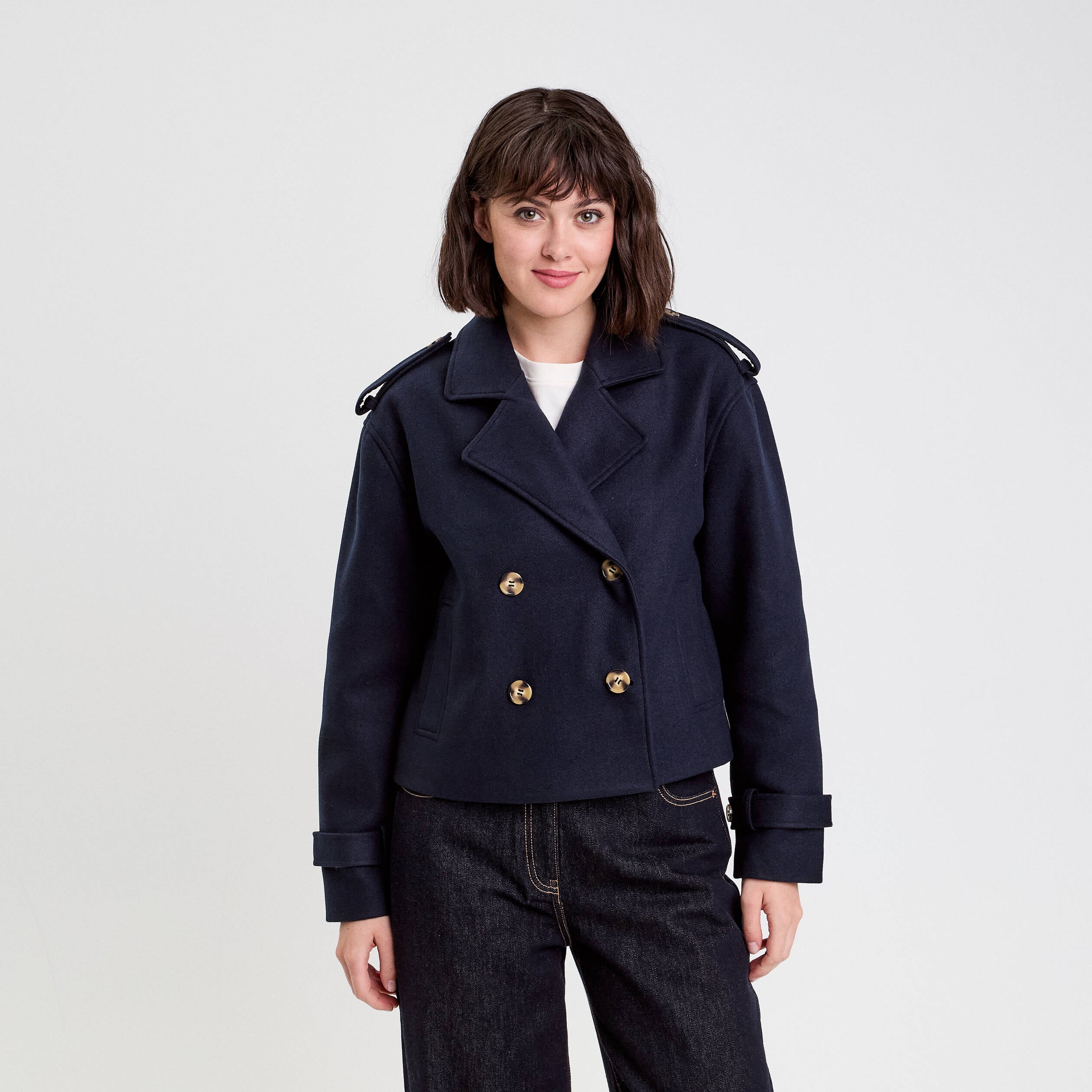 Trench droit court col tailleur bleu marine femme