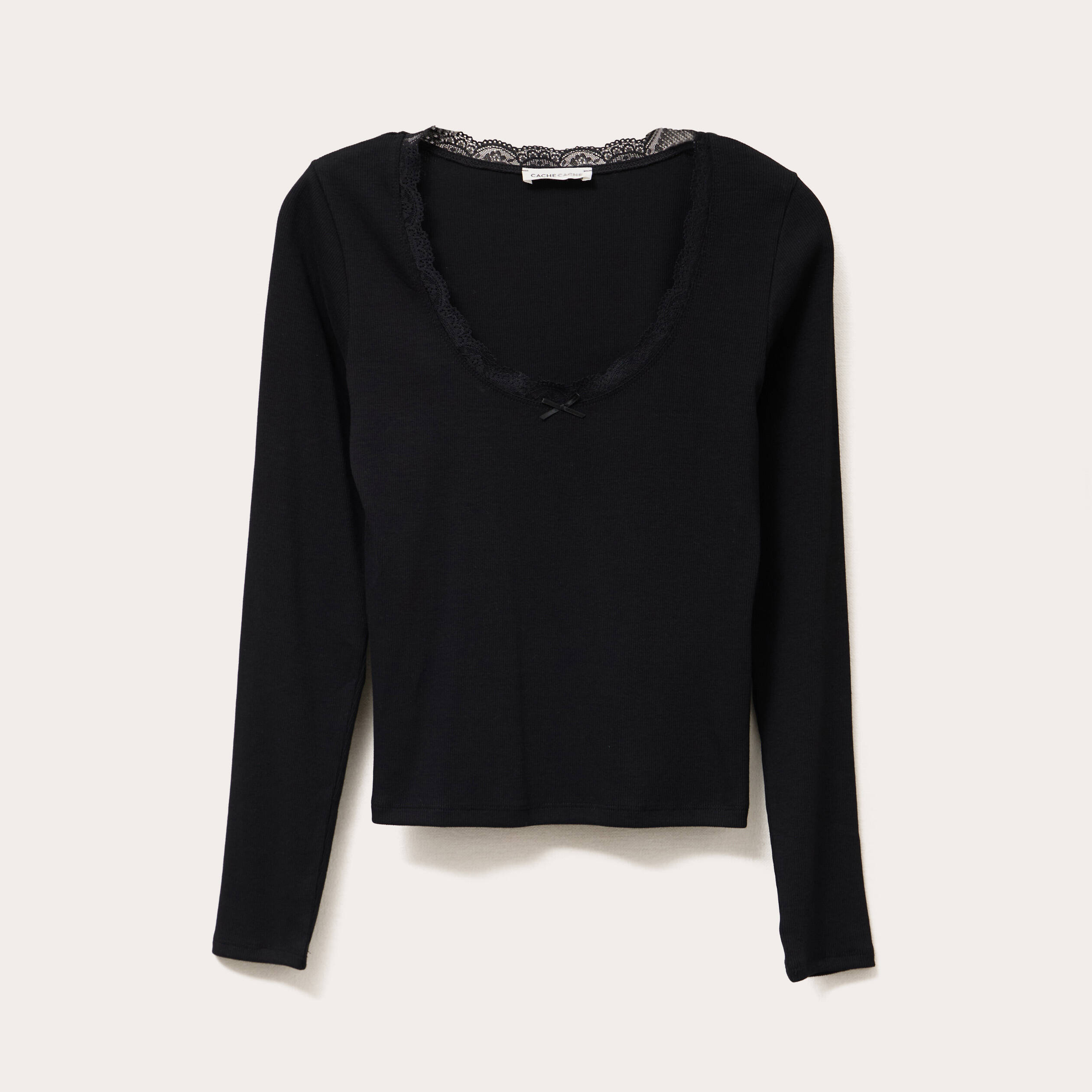 T-shirt manches longues côtelé noir femme