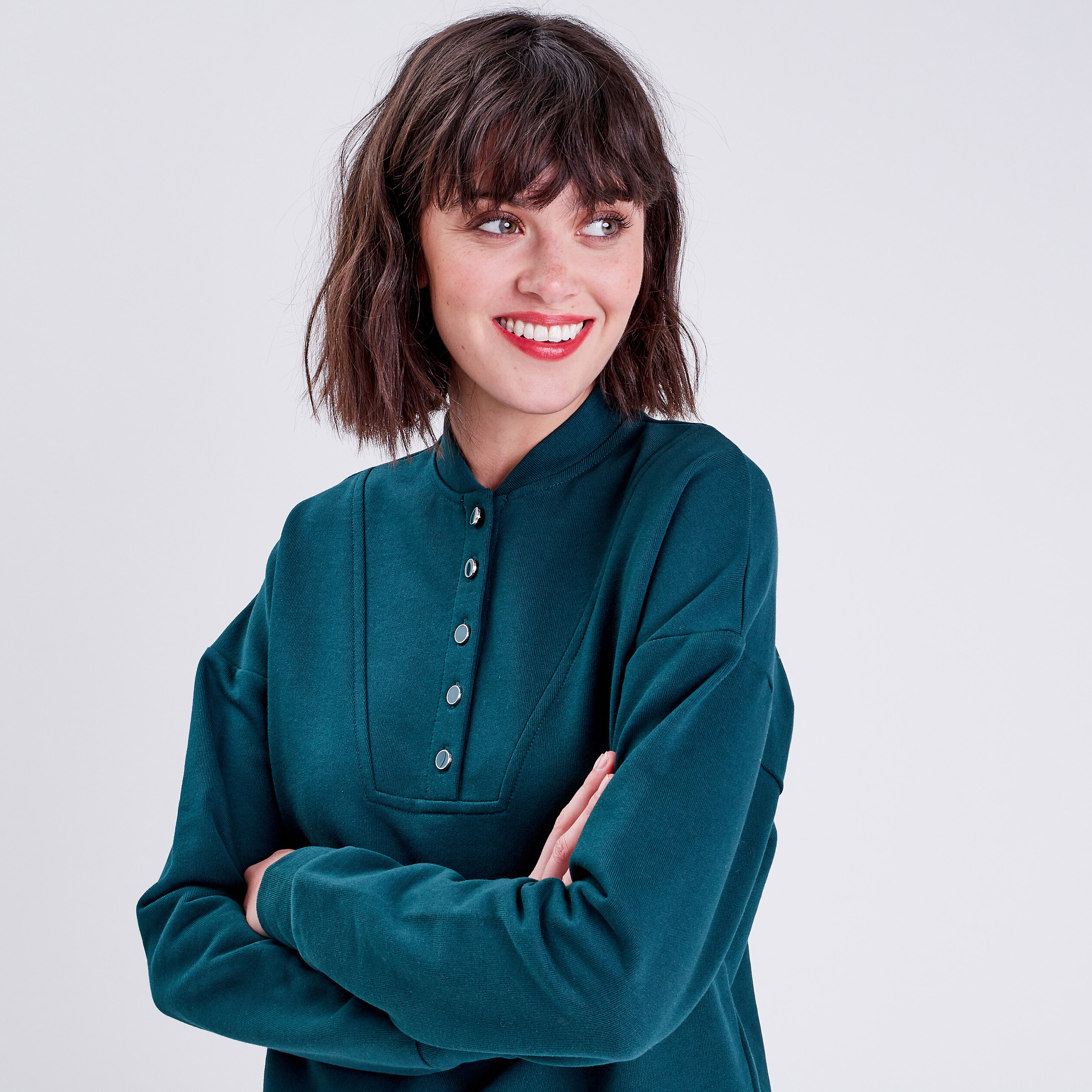 Sweat avec col teddy vert foncé femme