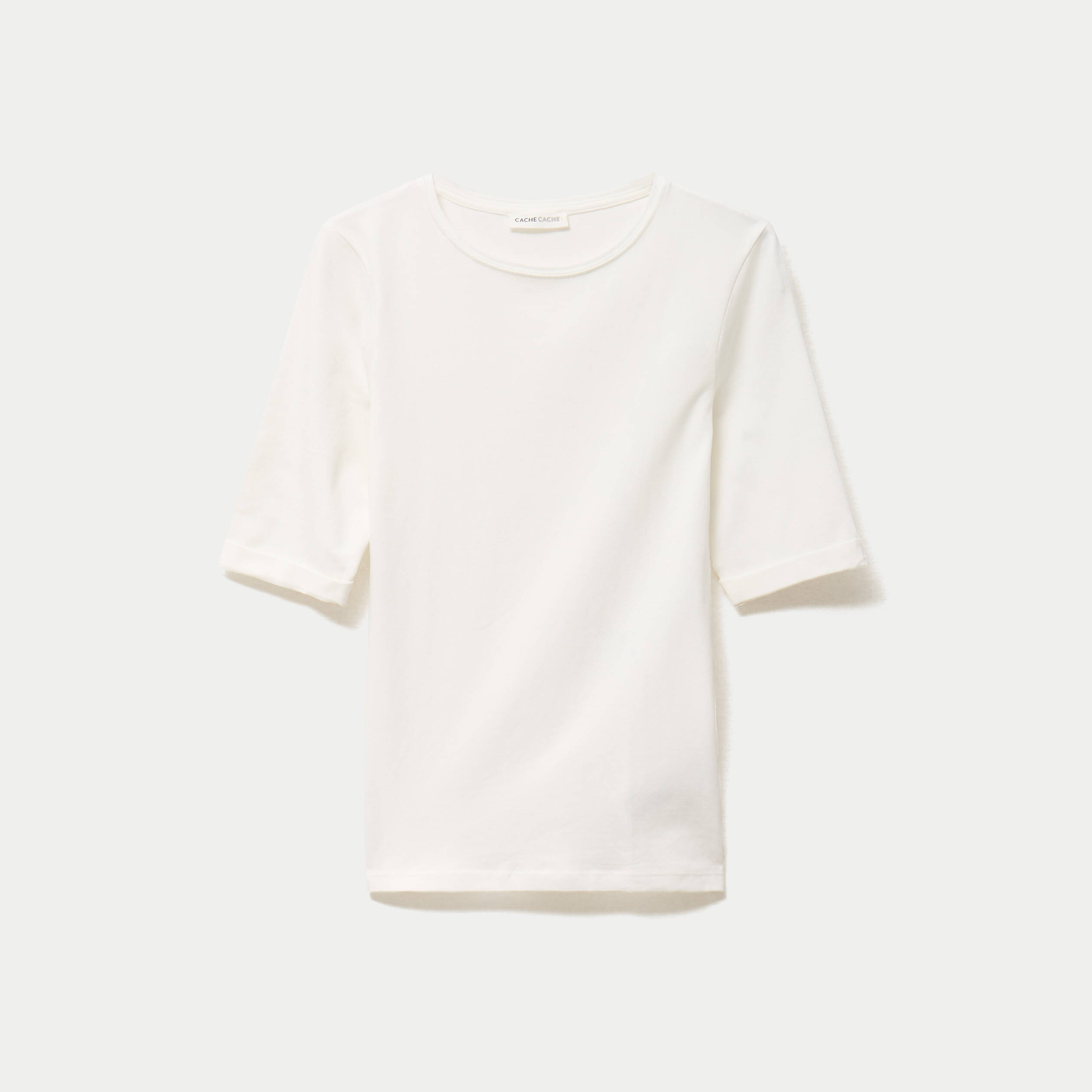 T-shirt ajust&eacute; col rond manches courtes ecru femme