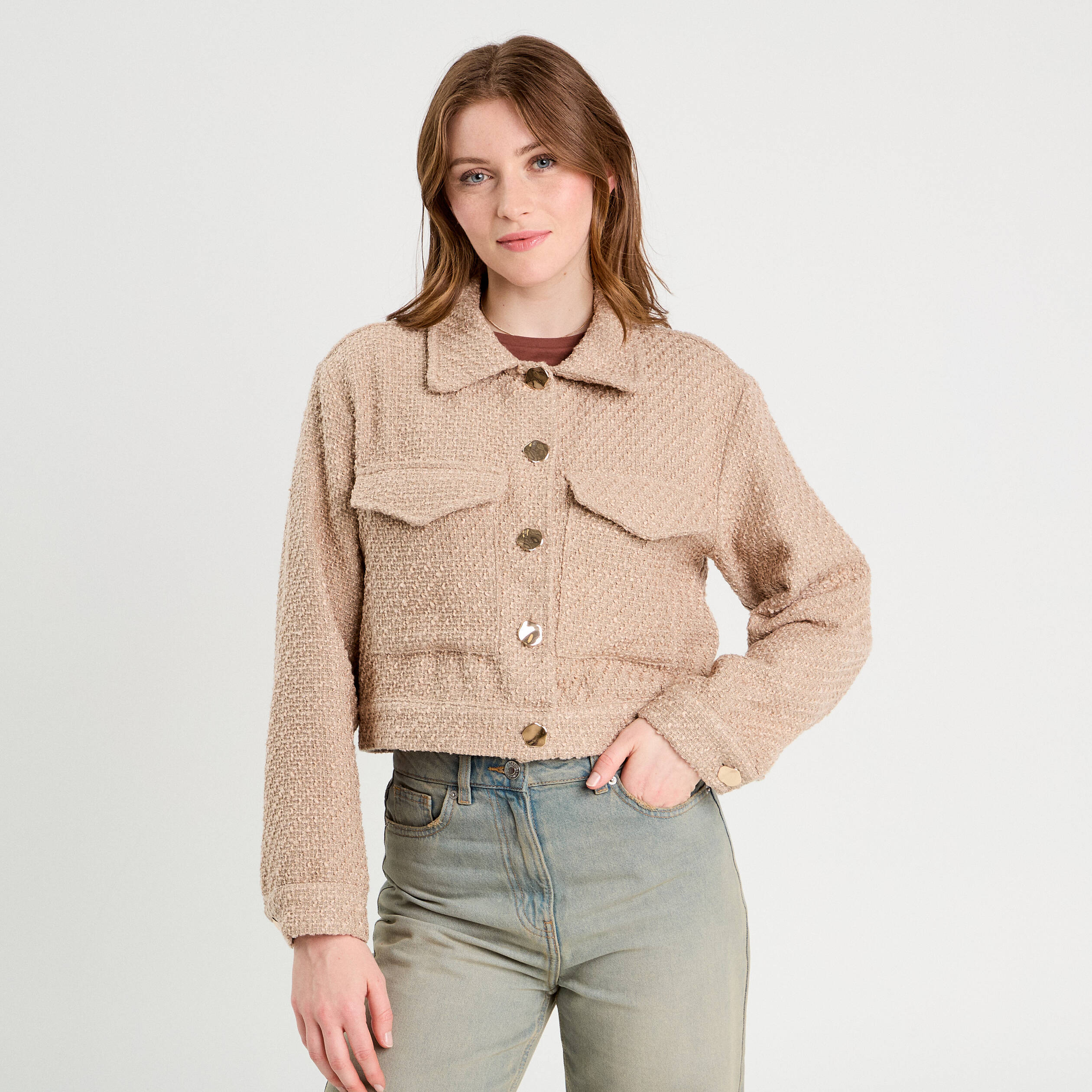 veste tweed boutonnee sable femme Veste tweed boutonnée sable femme