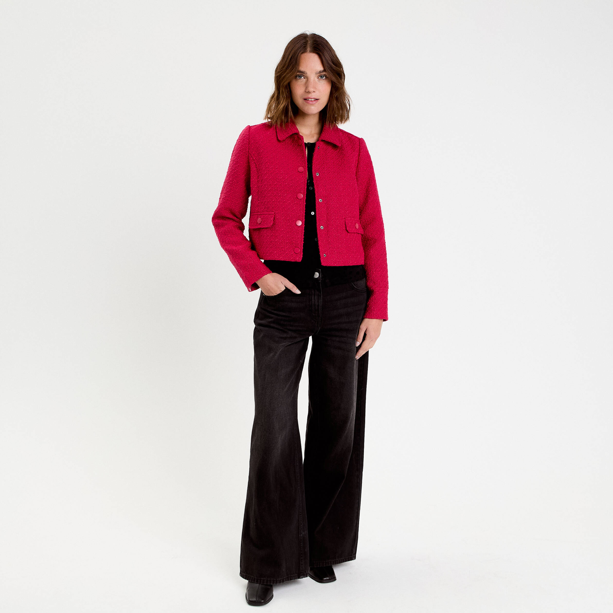 Veste en tweed à poches - Femme | MANGO Maroc