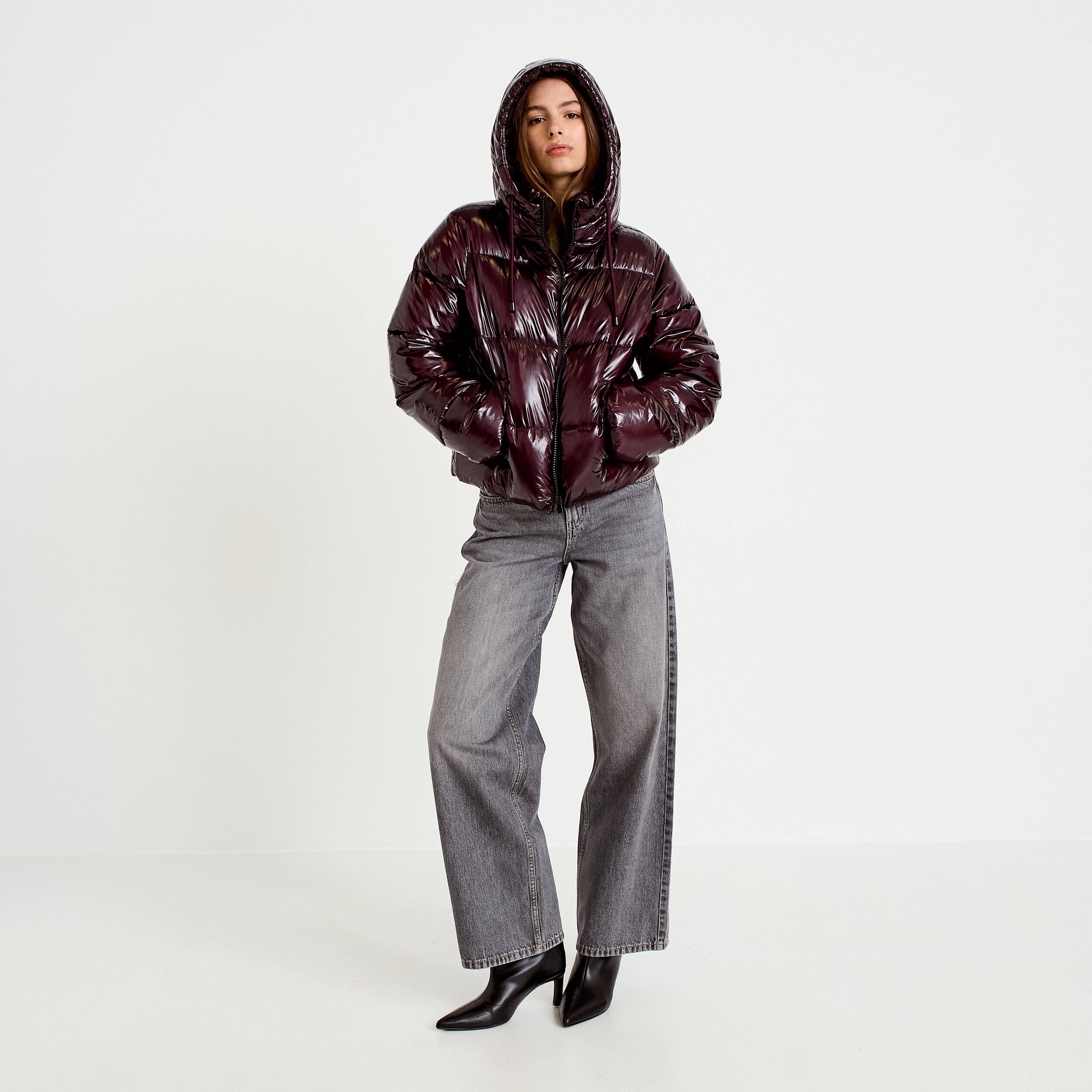 Doudoune bas resserr&eacute; manches longues violet fonc&eacute; femme