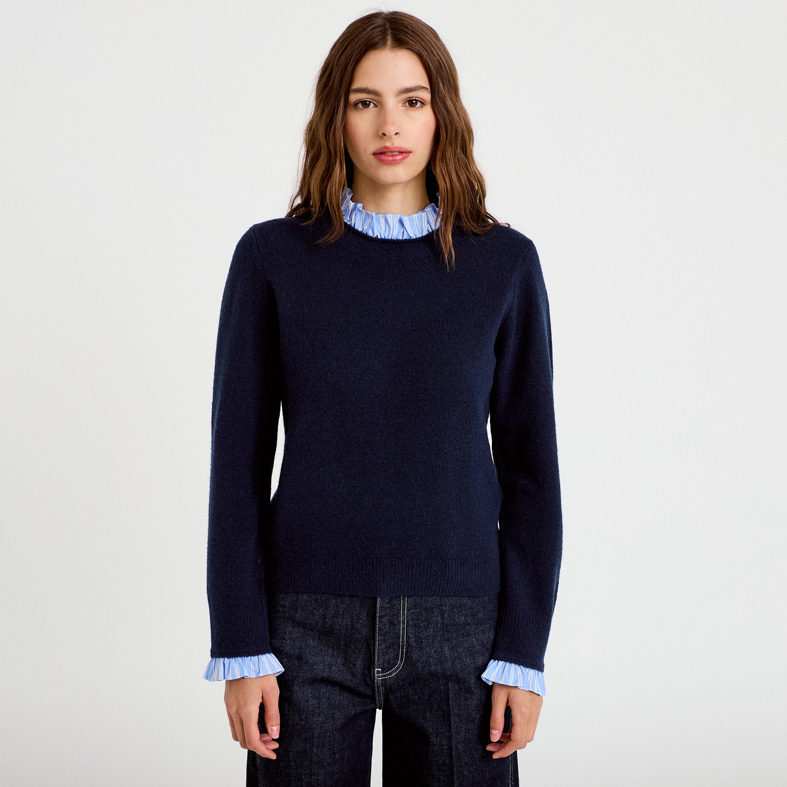 Pull col chemise manches longues bleu marine femme