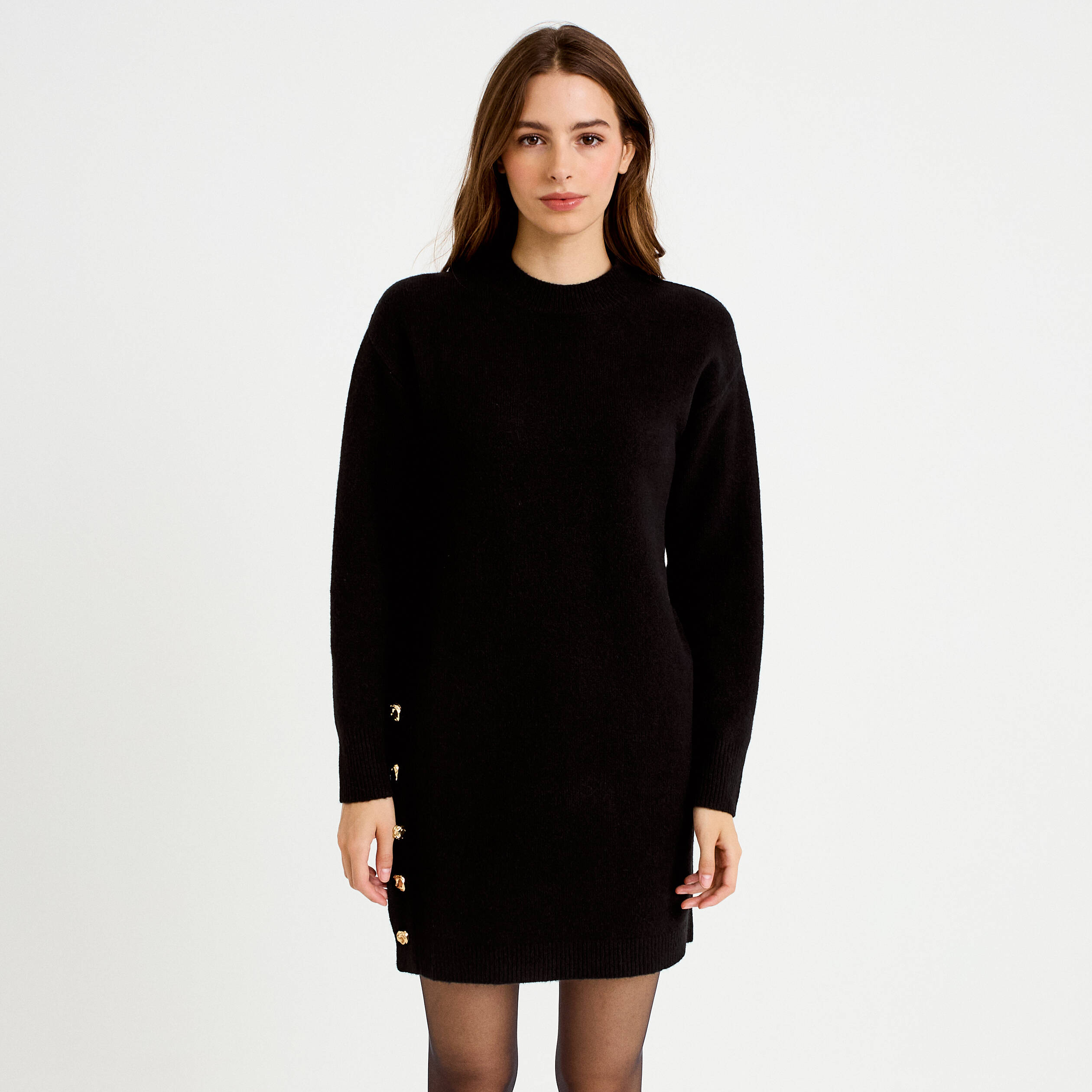 Robe pull droite manches longues noir femme