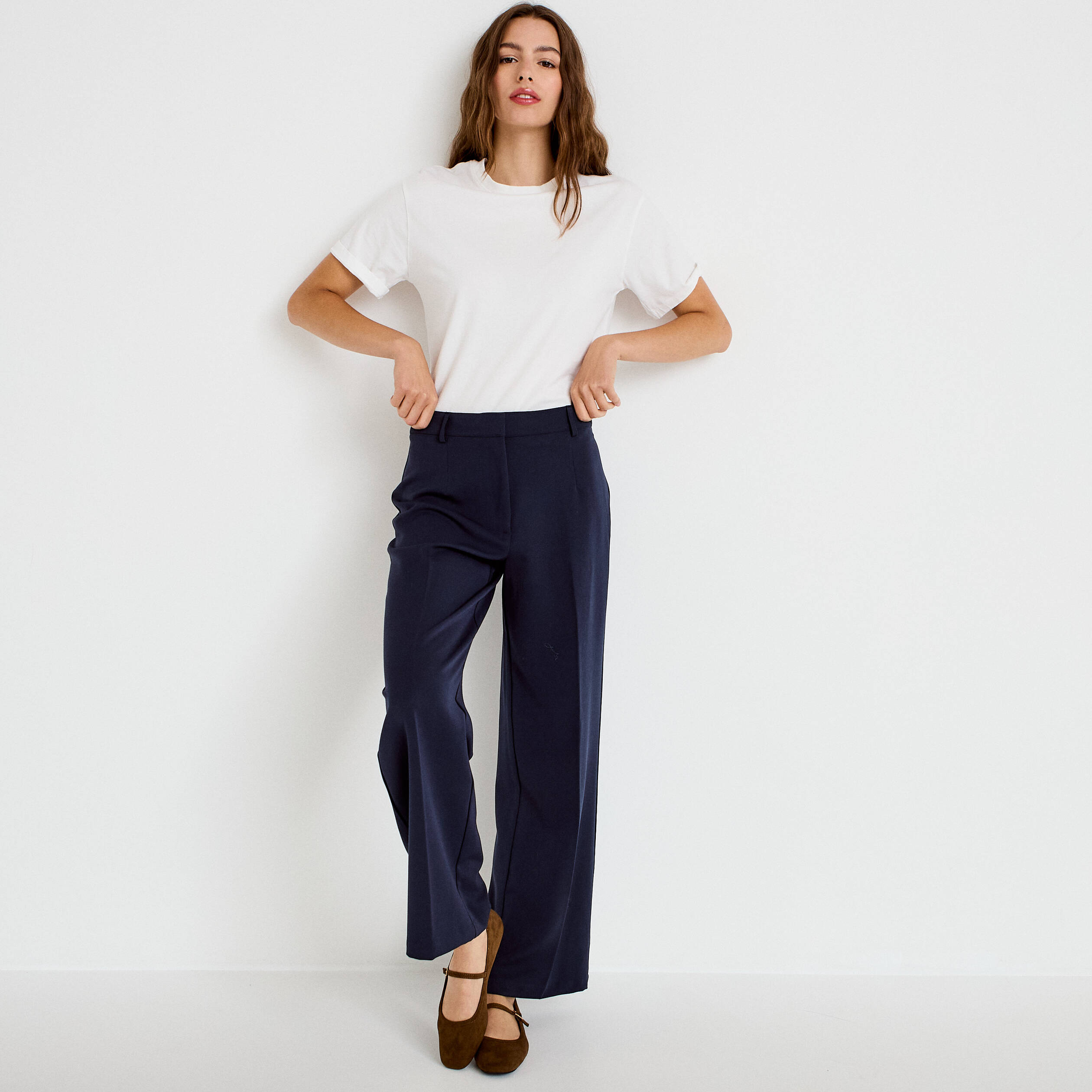 Pantalon bootcut taille haute bleu marine femme
