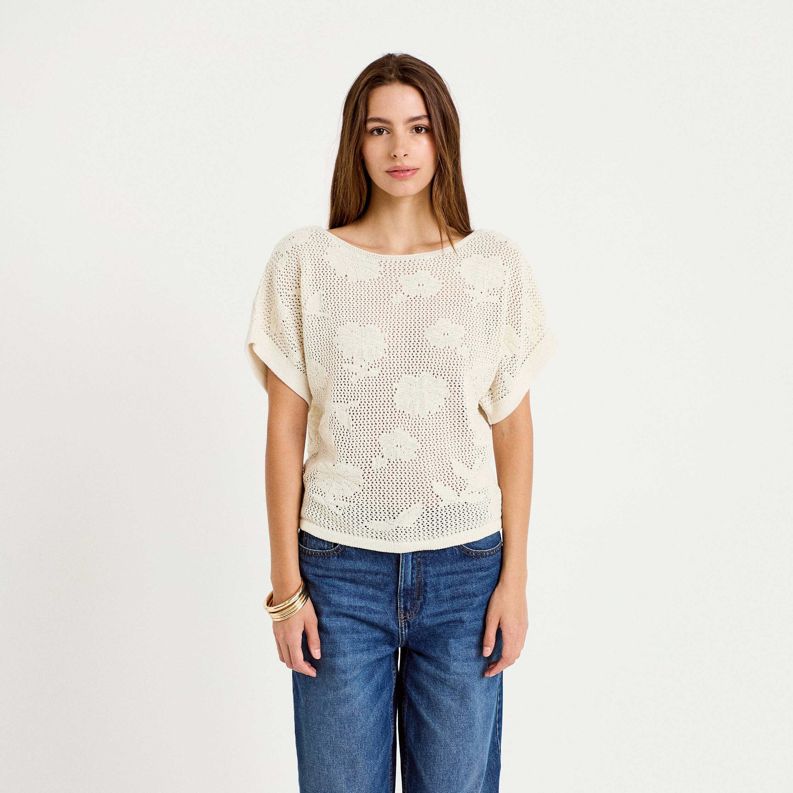 Pull ajour&eacute; col bateau manches courtes ecru femme