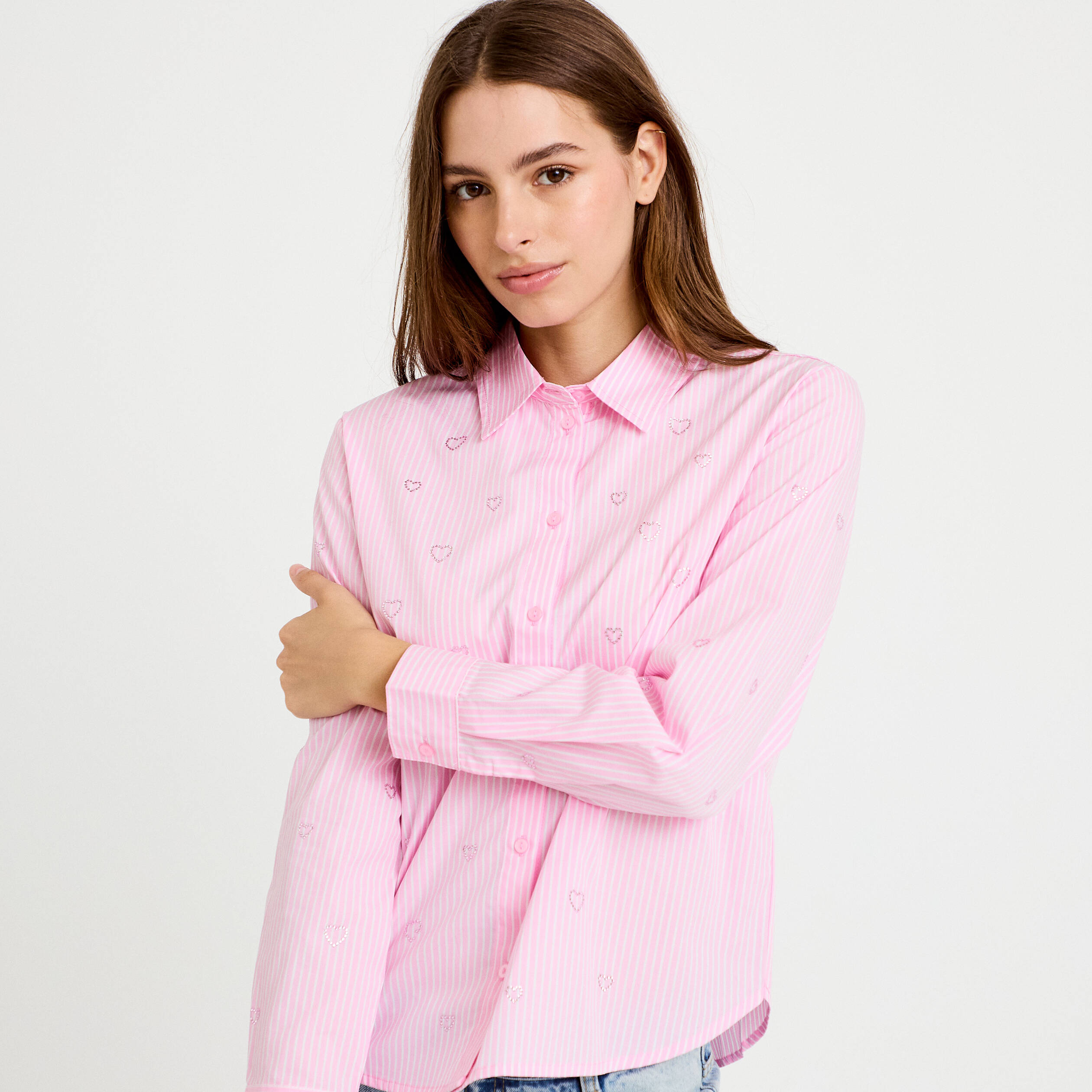 Chemise droite col am&eacute;ricain strass rose femme