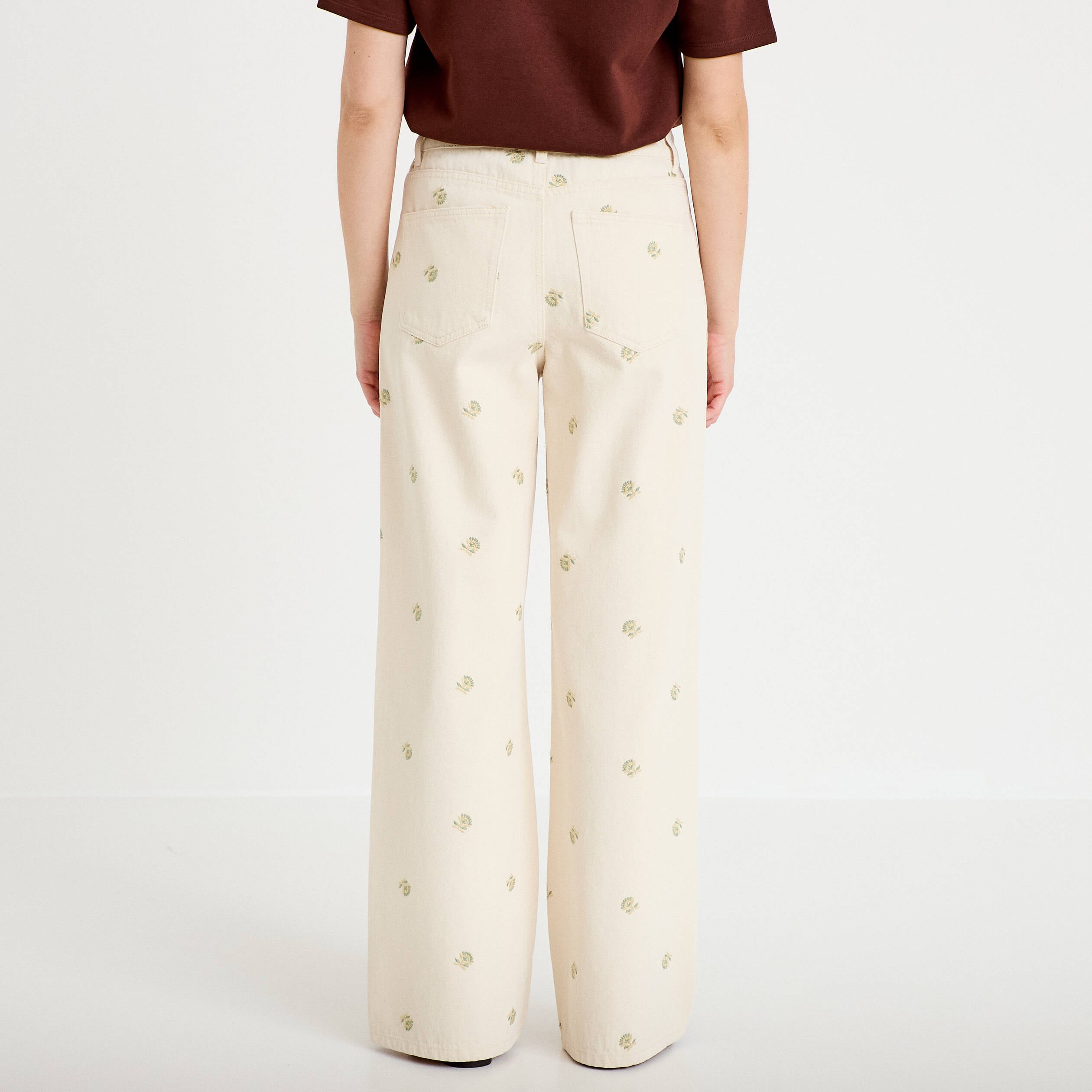 Jean wide leg broderie taille haute denim blanc femme