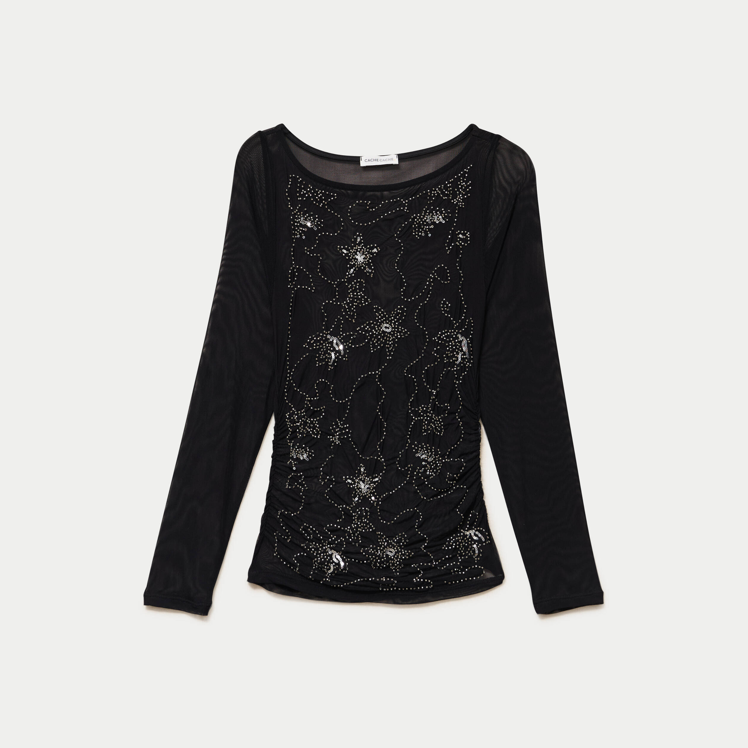 Top ajust&eacute; transparent col rond noir femme