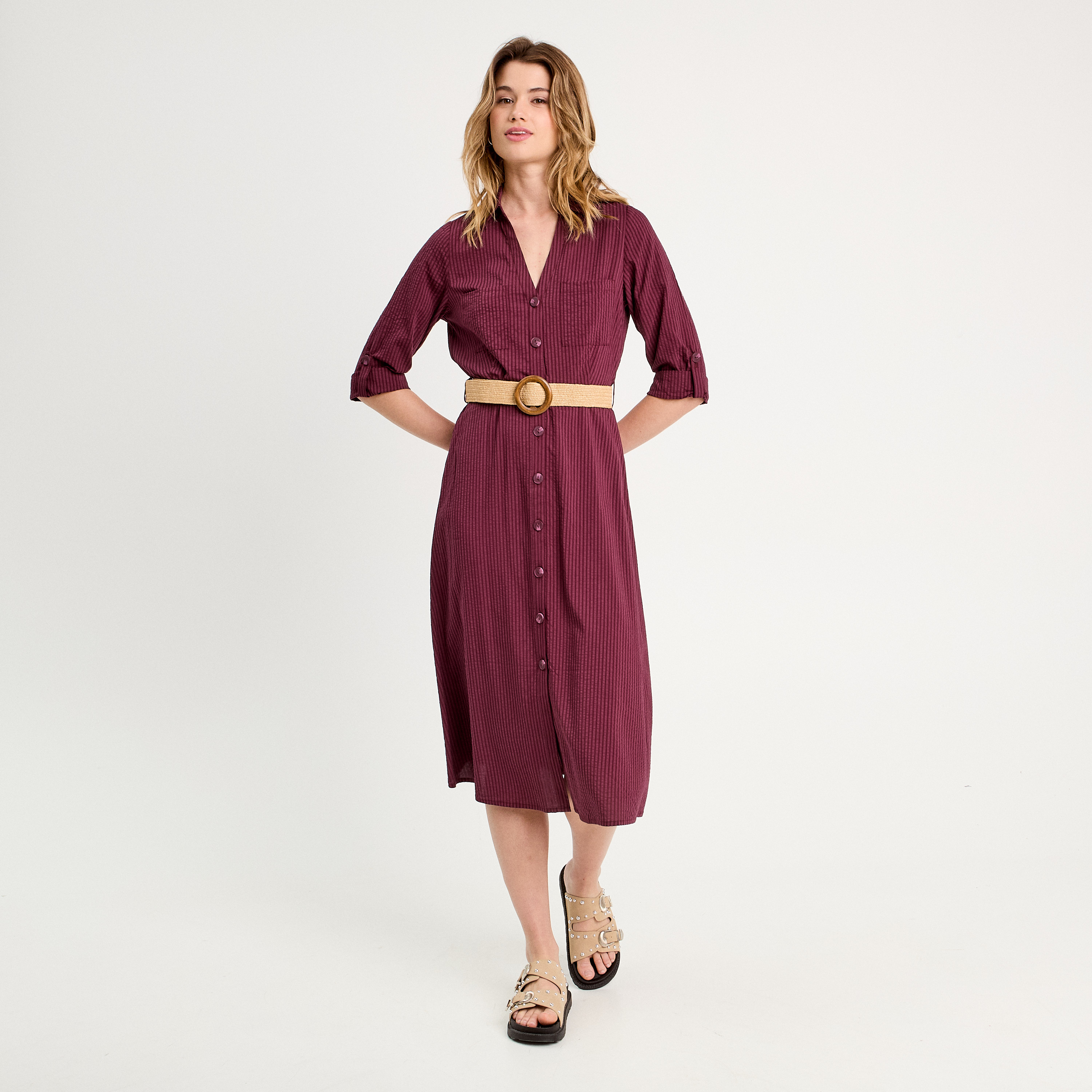 robe midi evasee ceinturee prune femme Robe midi évasée ceinturée prune femme