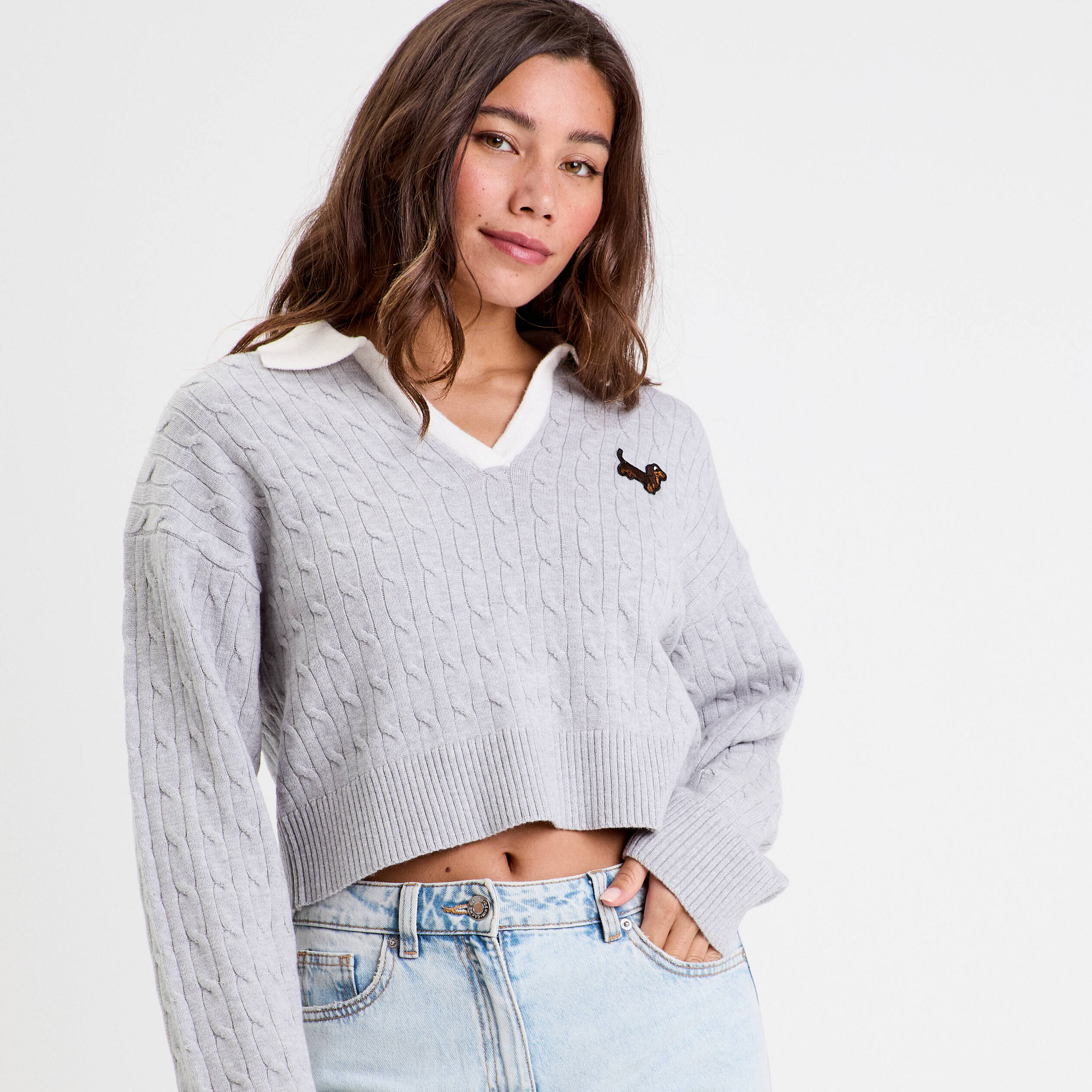 pull manches longues col polo gris clair femme Pull manches longues col polo gris clair femme