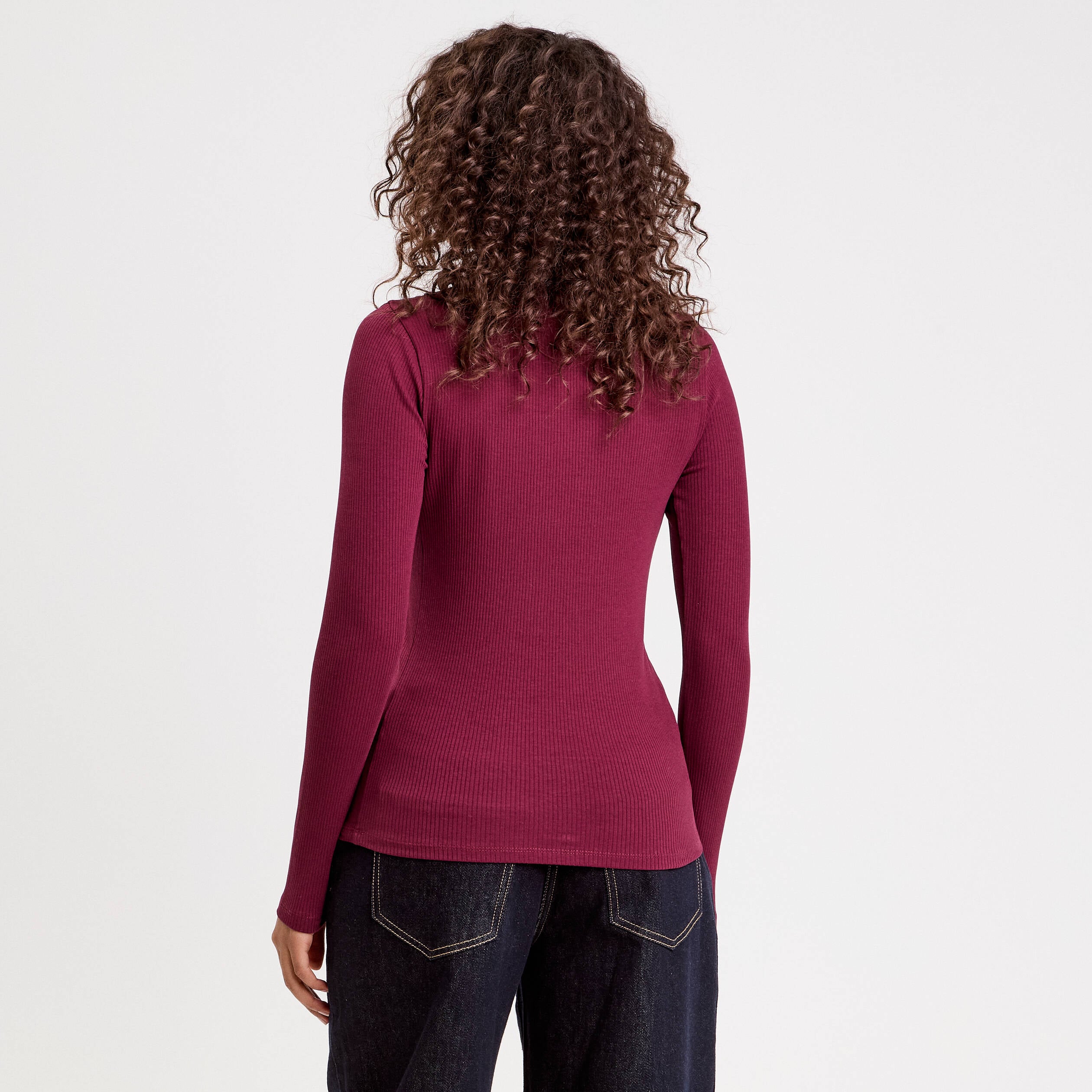 T-shirt manches longues c&ocirc;tel&eacute; bordeaux femme