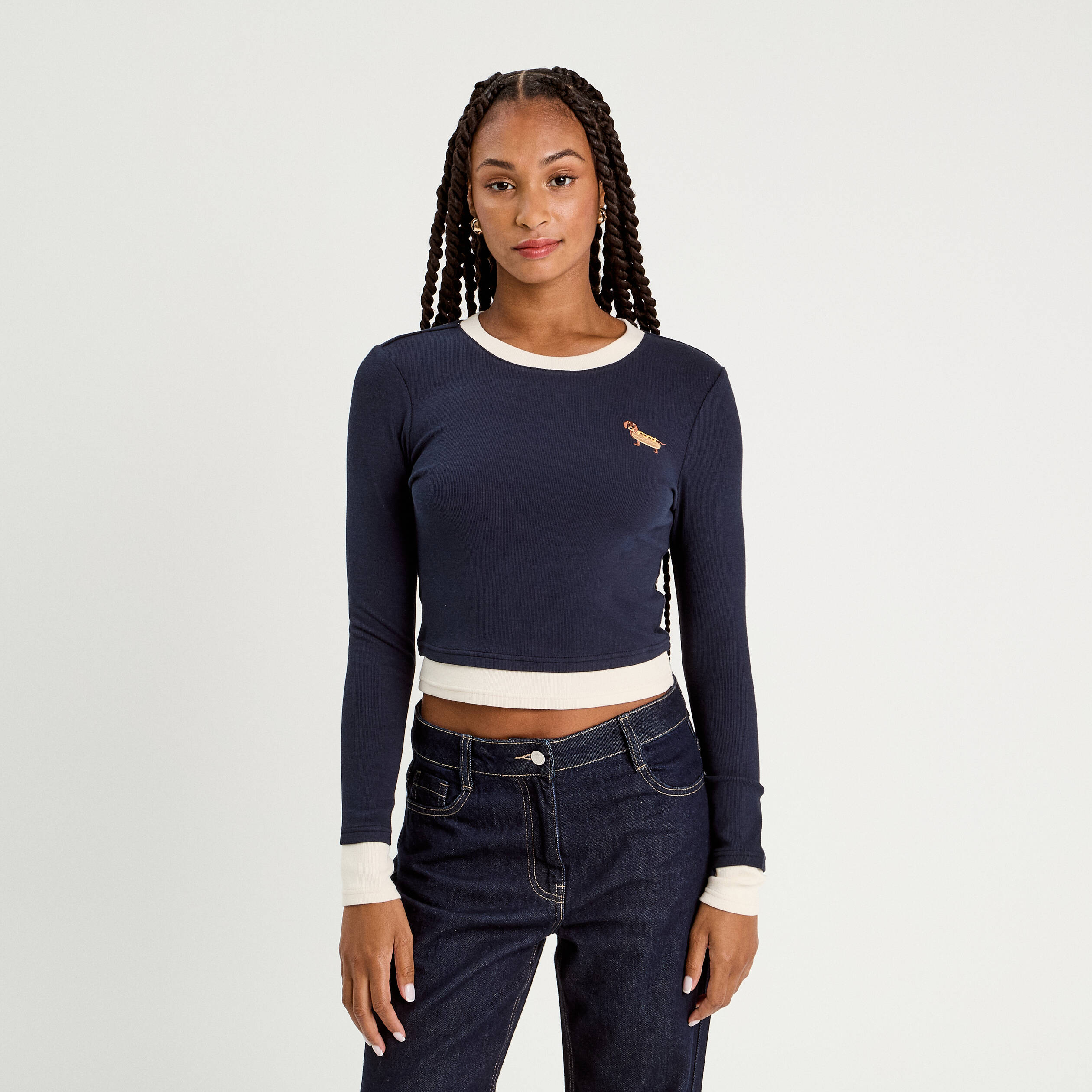 t shirt cropped 2 en 1 bleu marine femme T-shirt cropped 2-en-1 bleu marine femme
