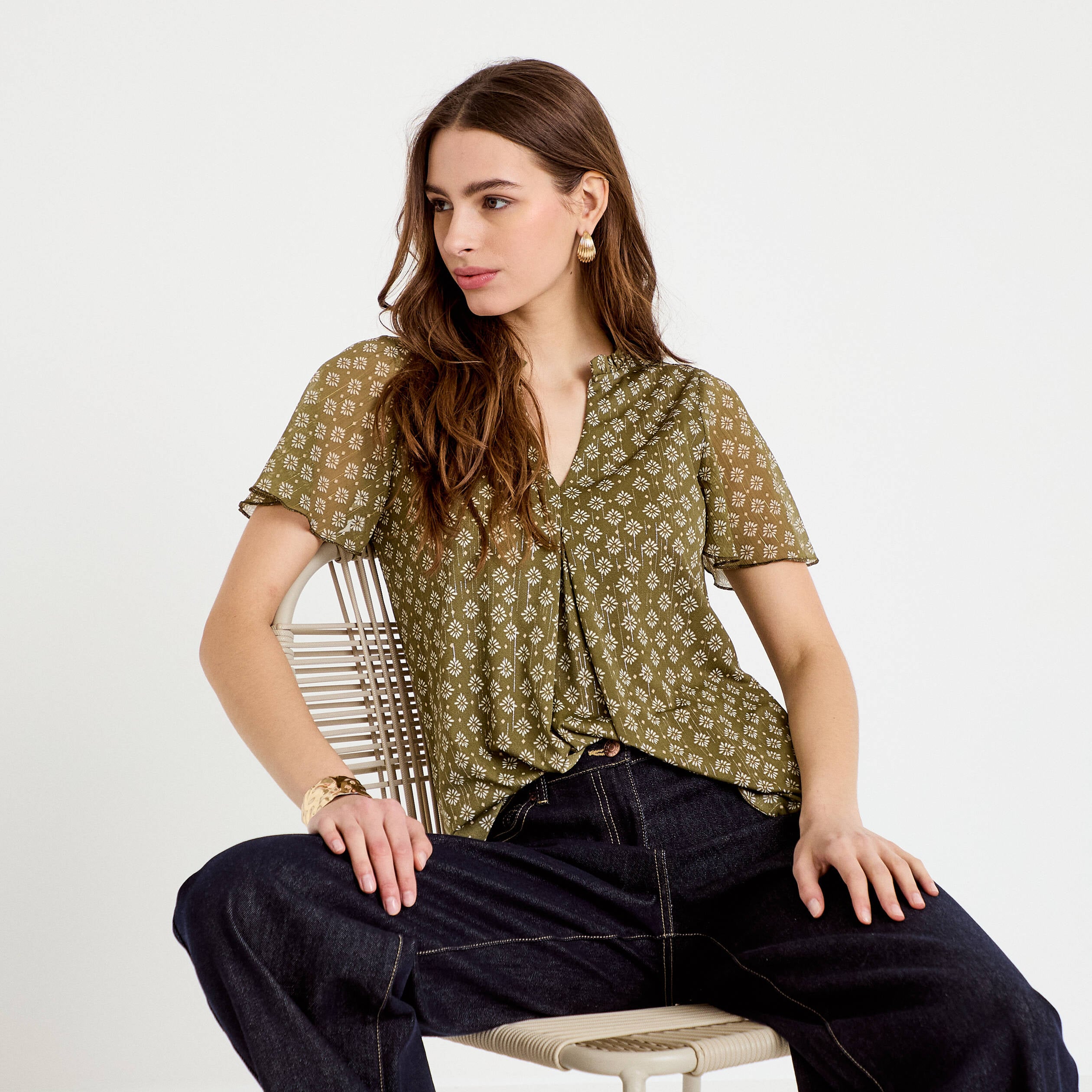 Blouse droite longue manches courtes vert femme