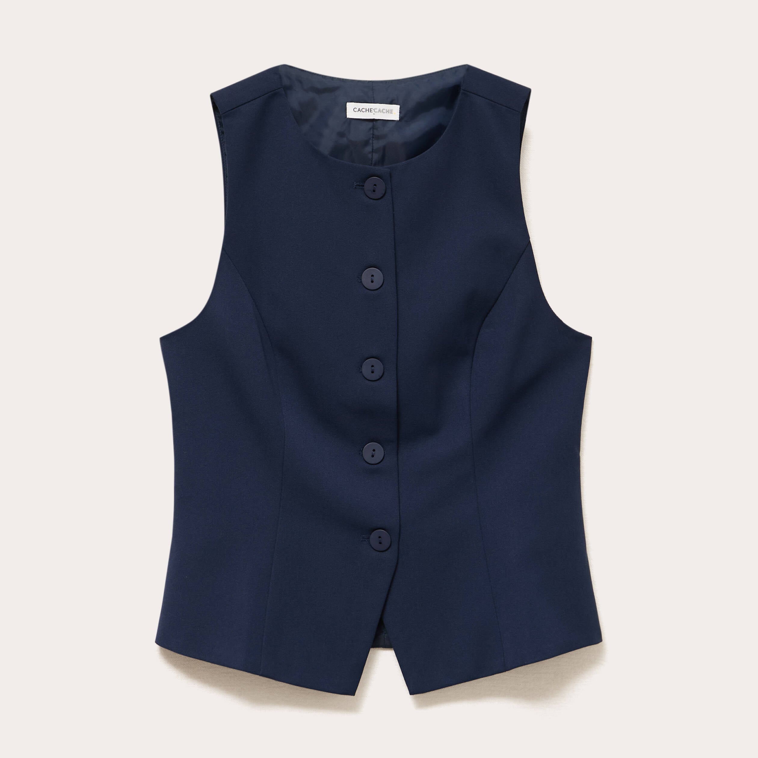 Gilet court cintr&eacute; sans manches bleu marine femme