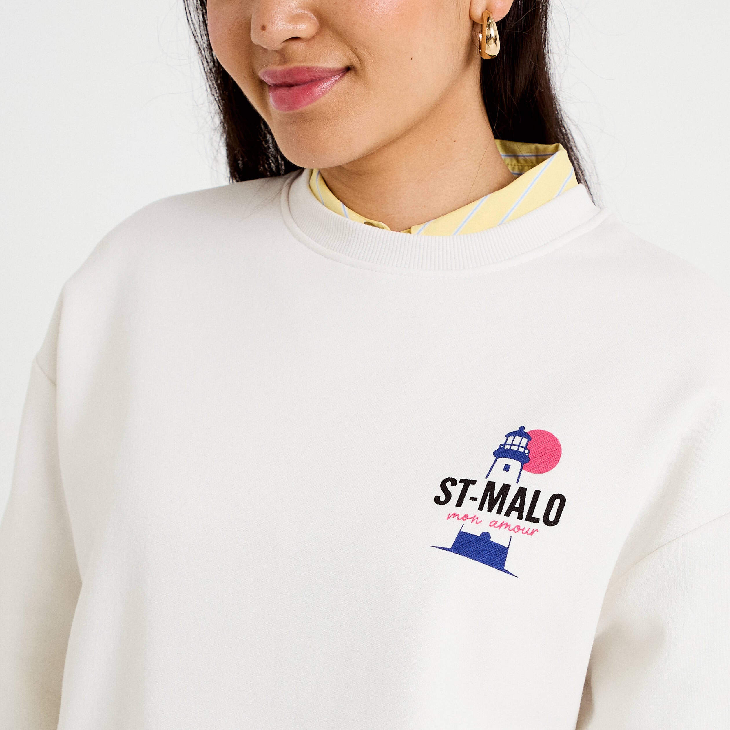 Sweat col rond manches longues ecru femme