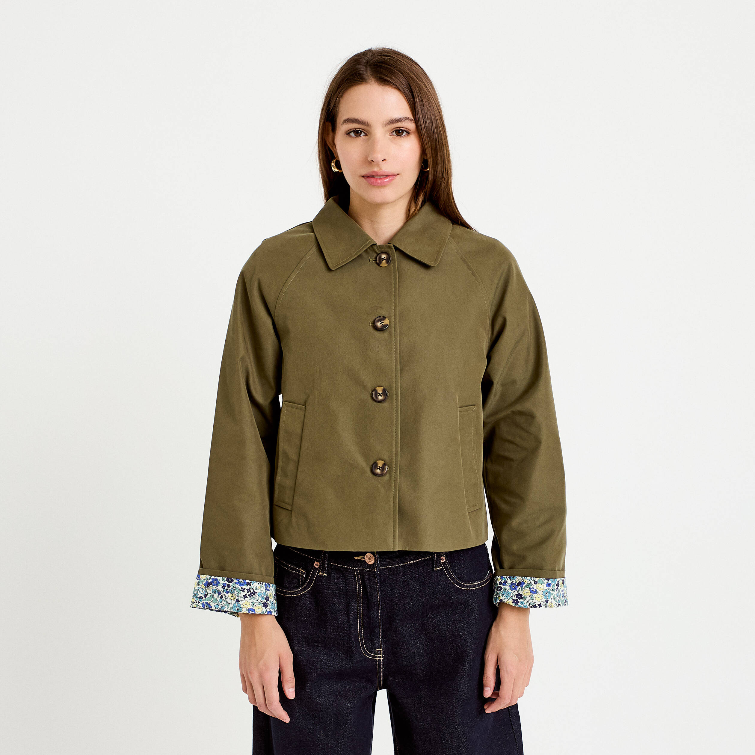 Veste courte boutonn&eacute;e doublure vichy vert kaki femme
