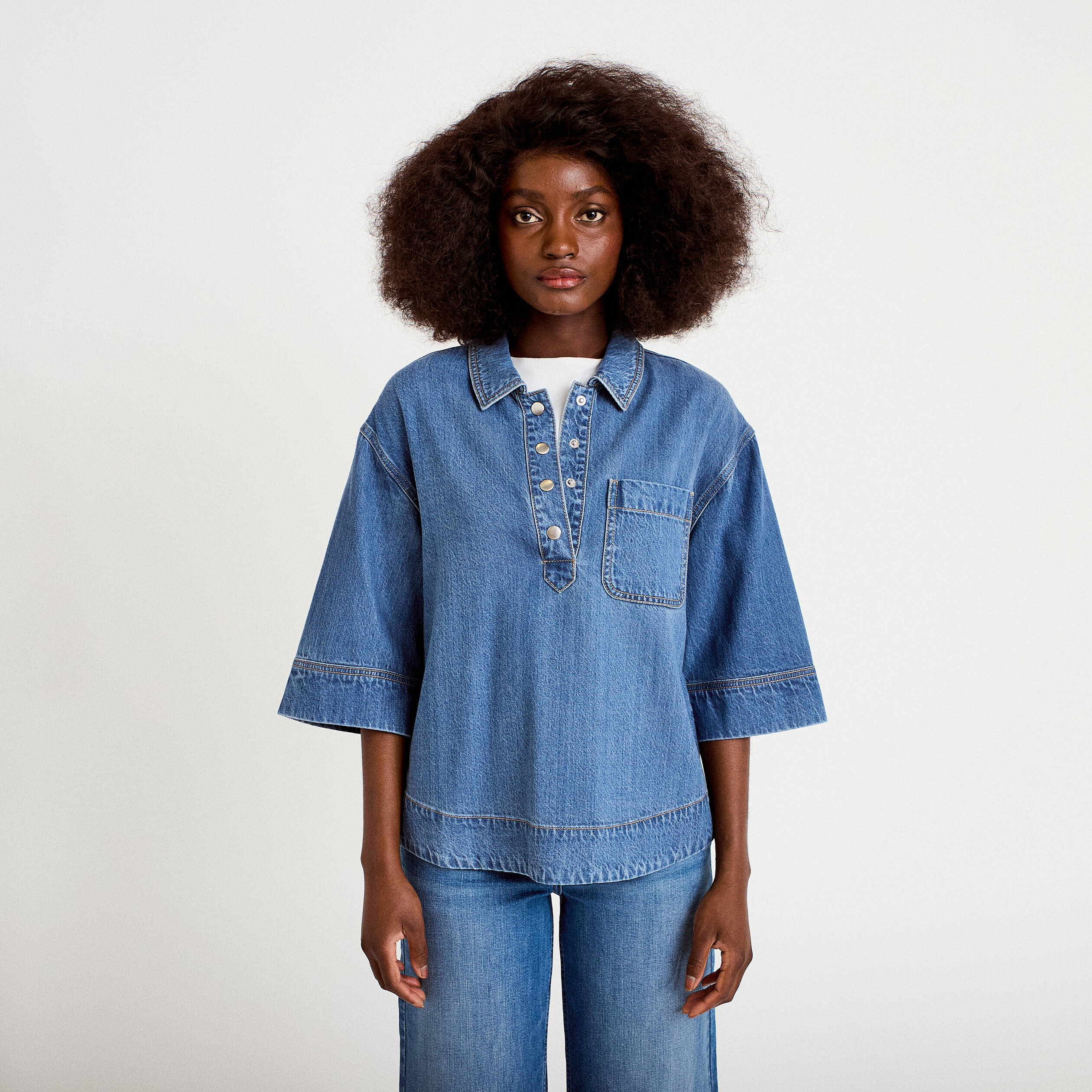 Vareuse jean col classique manches 3/4 denim double stone femme