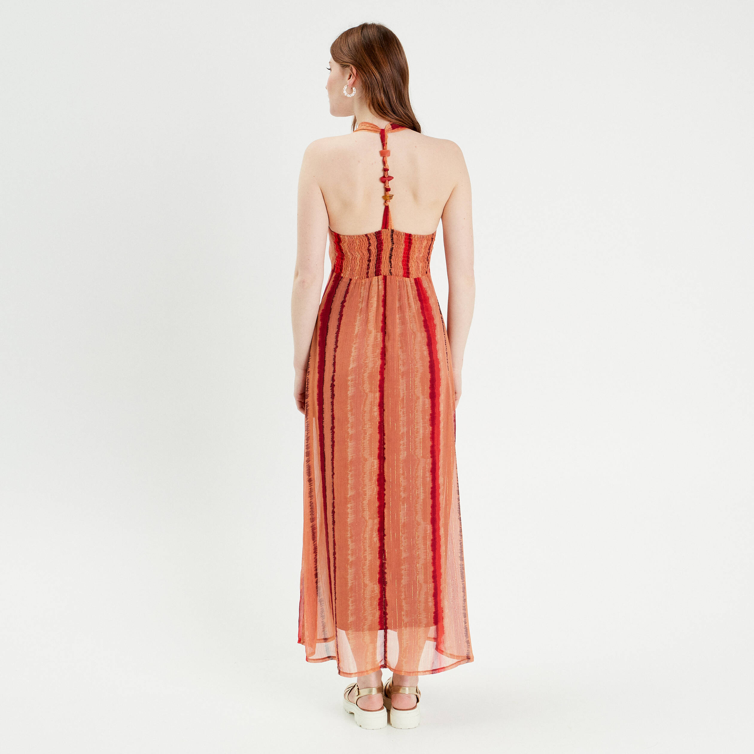 Robe longue évasée col en V rouge femme