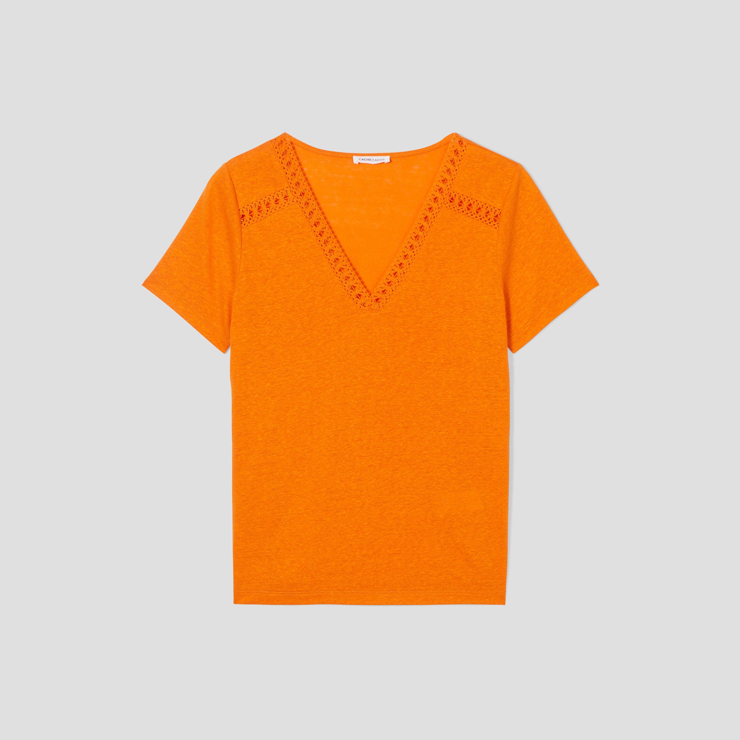 t shirt avec bandes macrame orange femme T-shirt avec bandes macramé orange femme