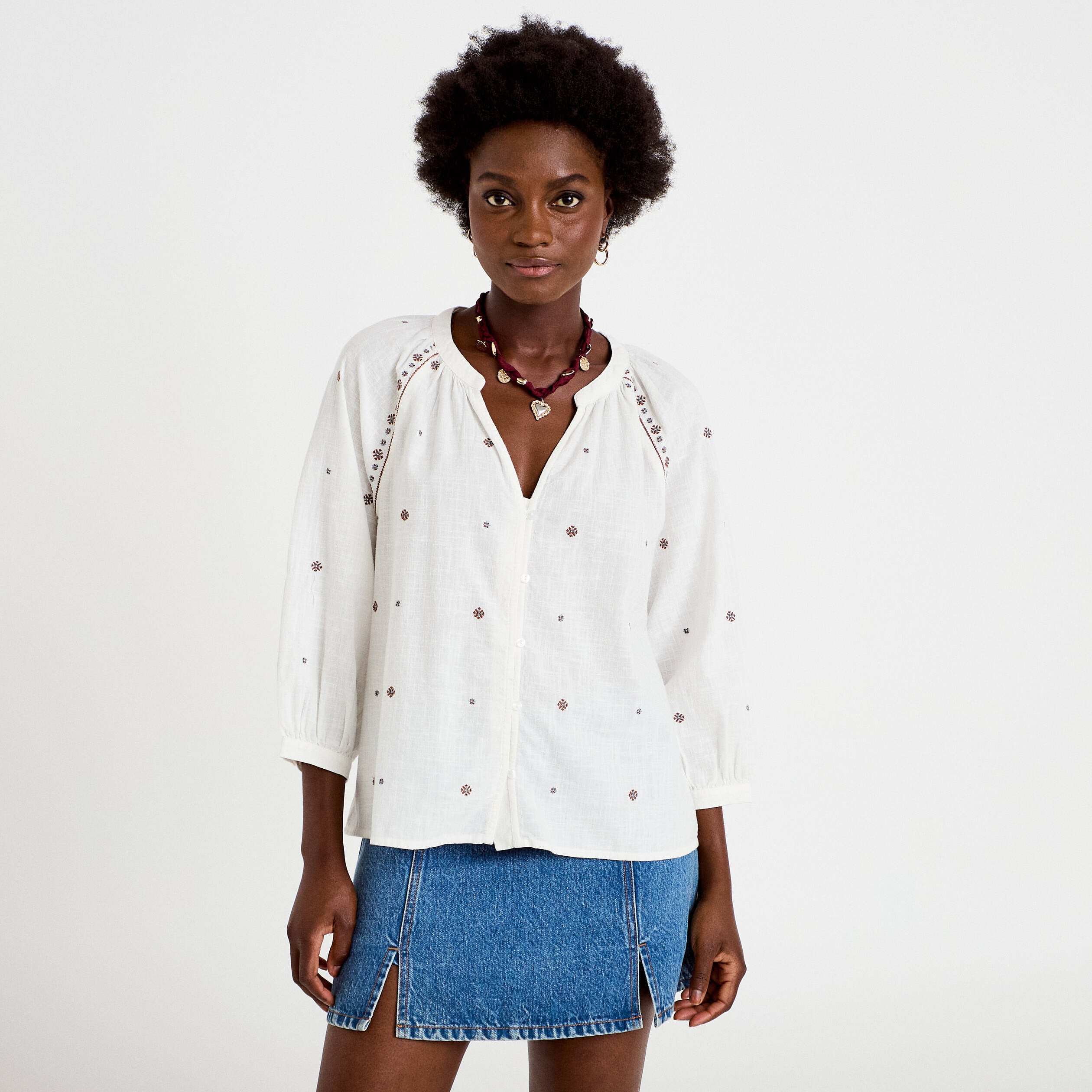 Blouse ample col tunisien manches 3/4 ecru femme