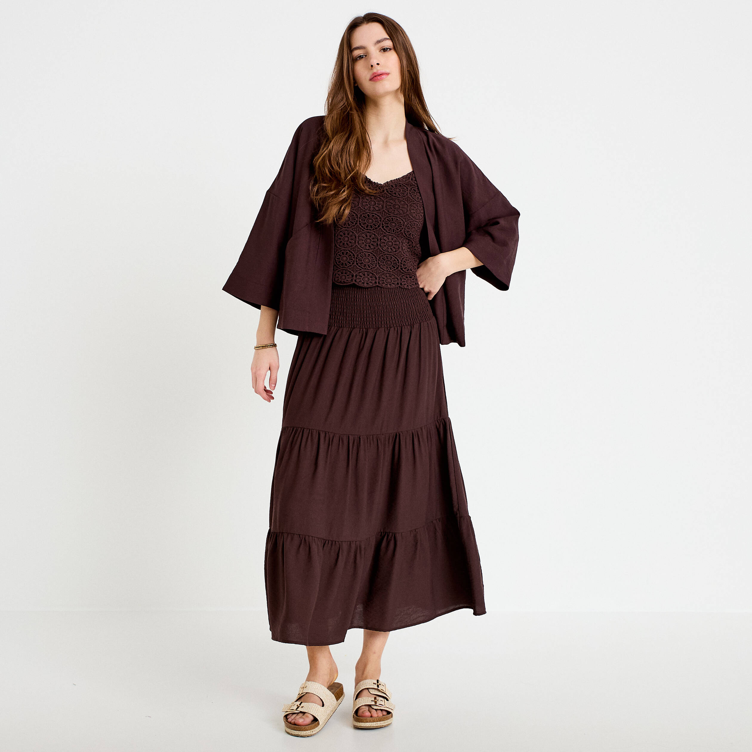 Jupon &eacute;vas&eacute; taille haute marron fonc&eacute; femme