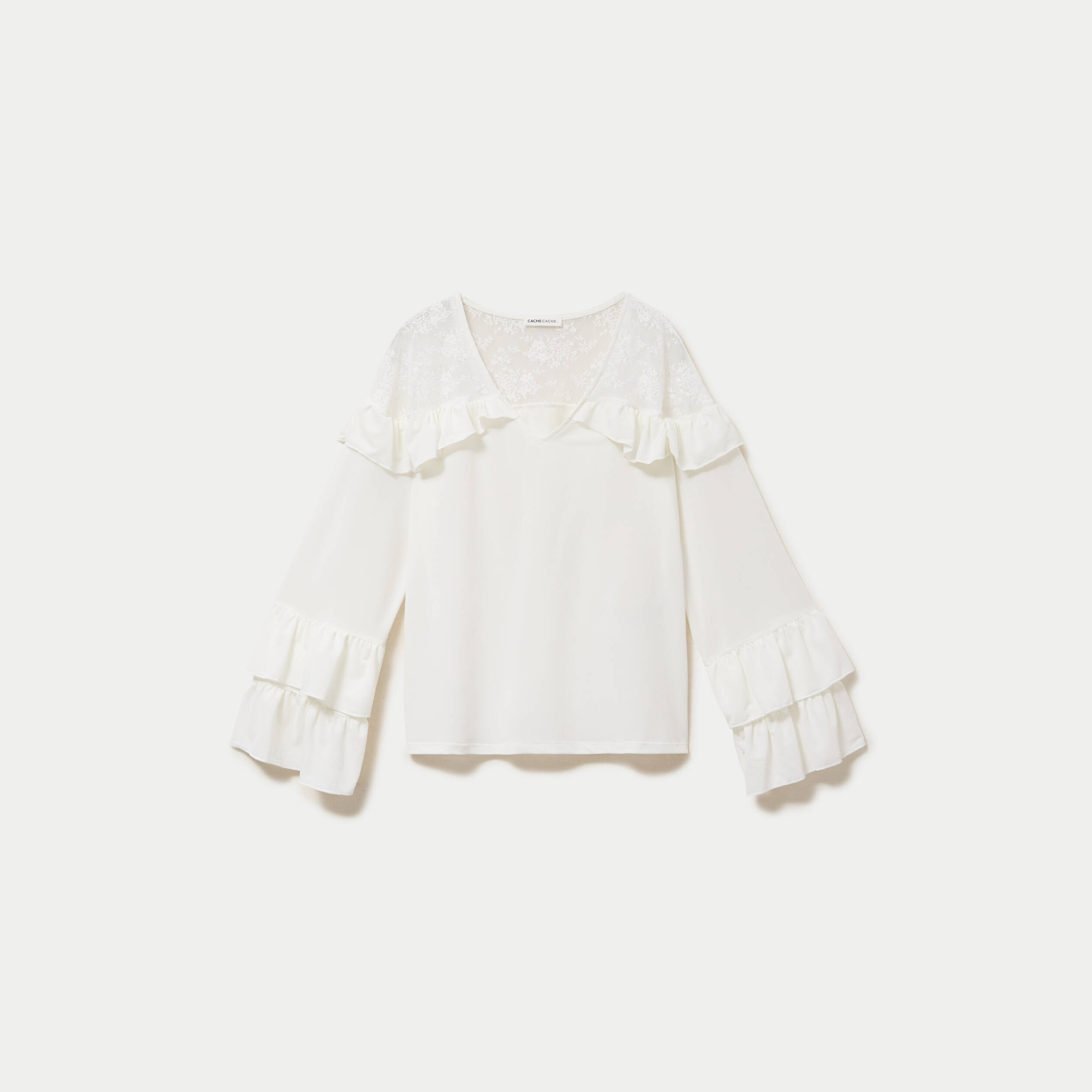Blouse col v manches longues dentelle ecru femme